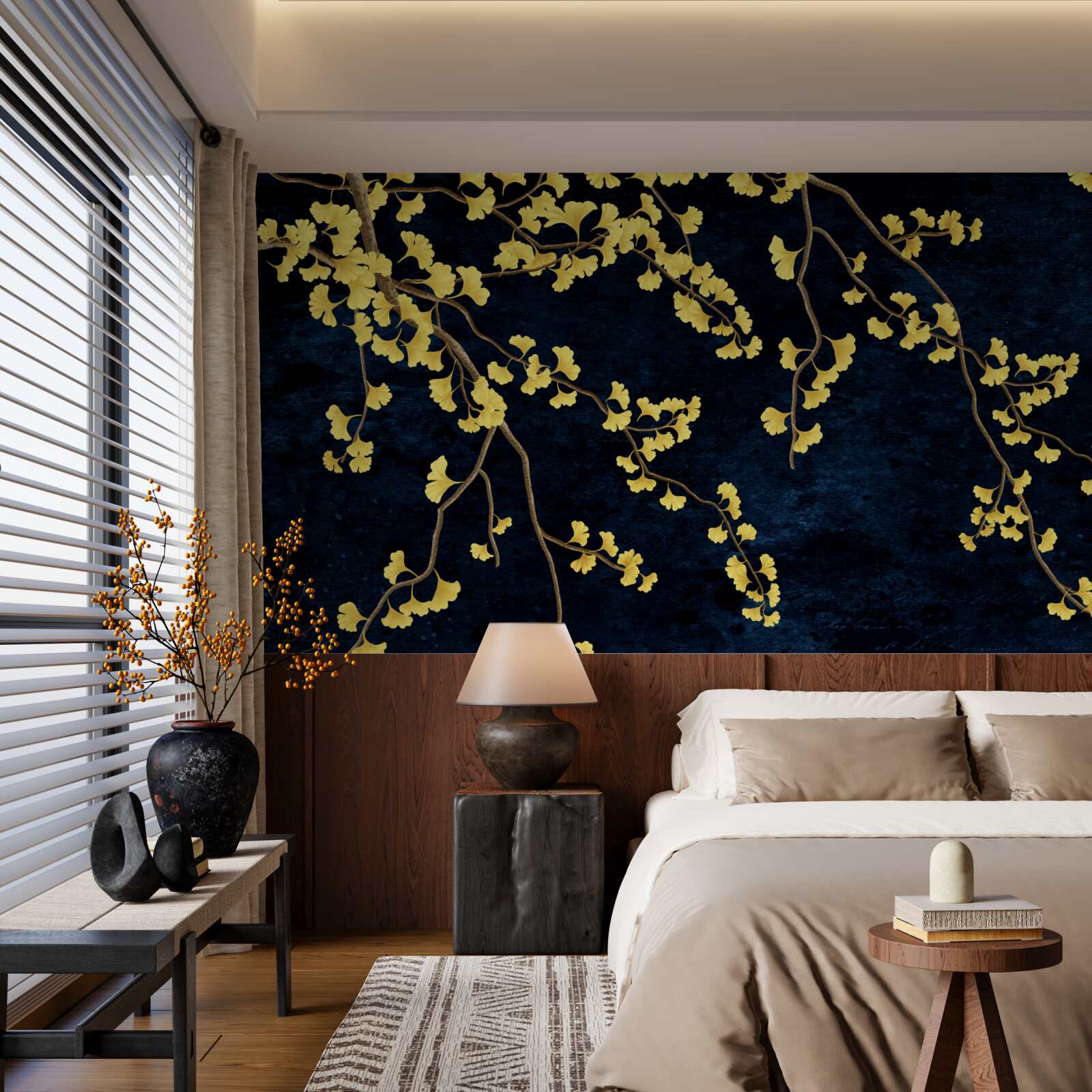 Papier peint branches de feuilles jaunes sur fond de ciel nocturne