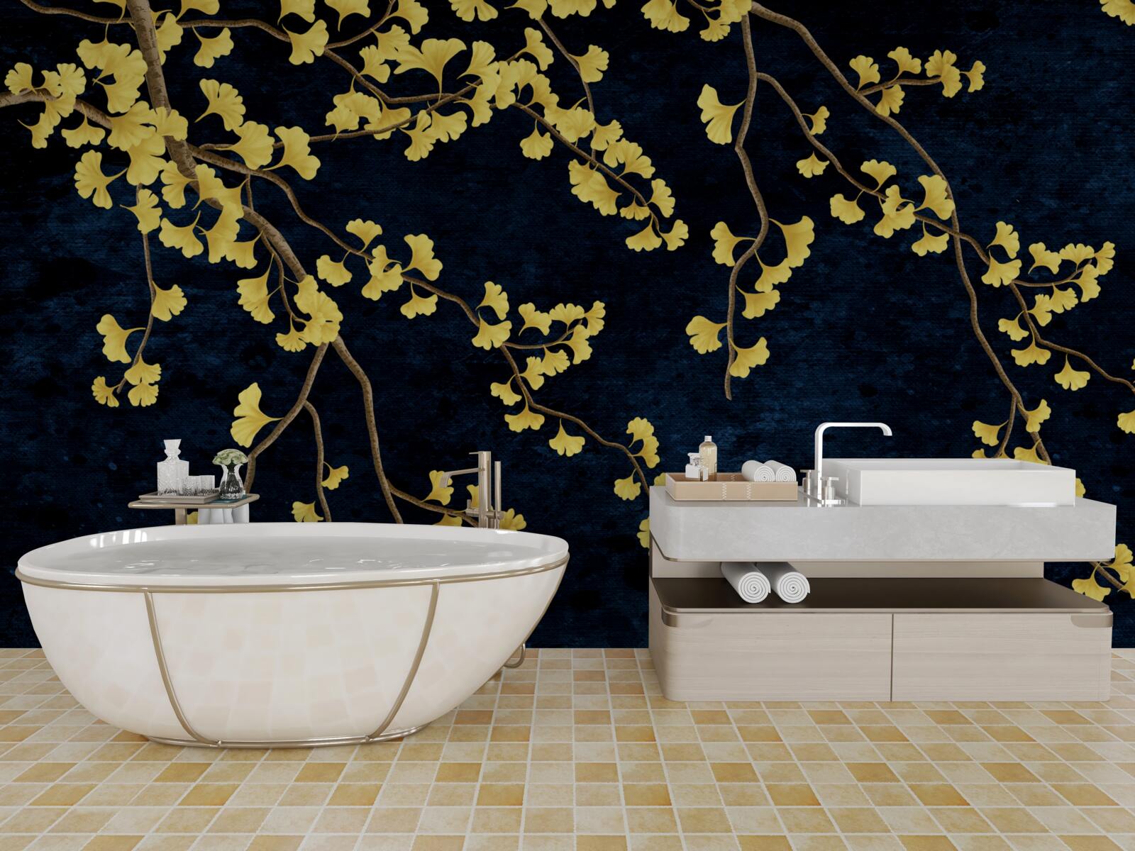 Papier peint branches de feuilles jaunes sur fond de ciel nocturne