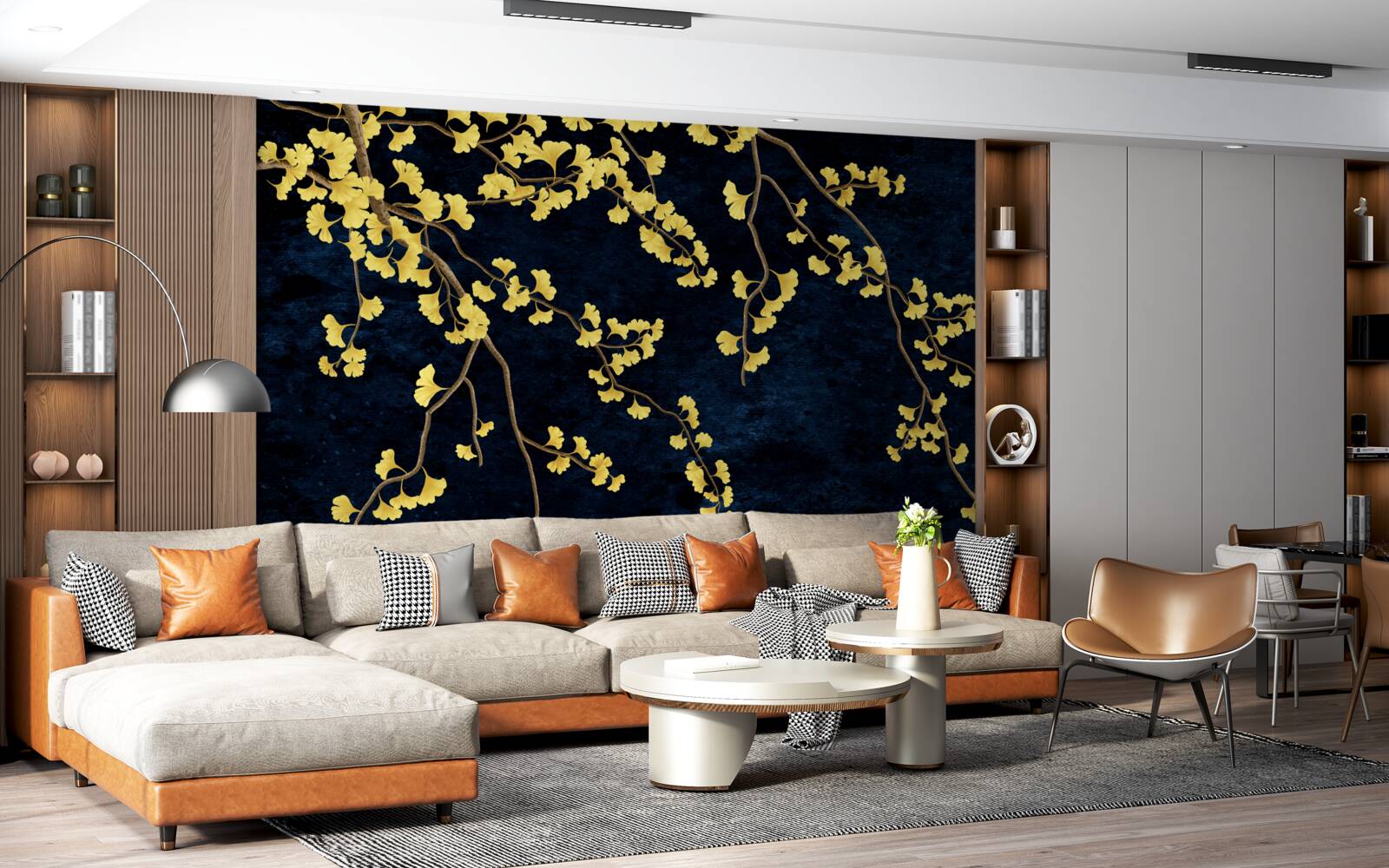 Papier peint branches de feuilles jaunes sur fond de ciel nocturne