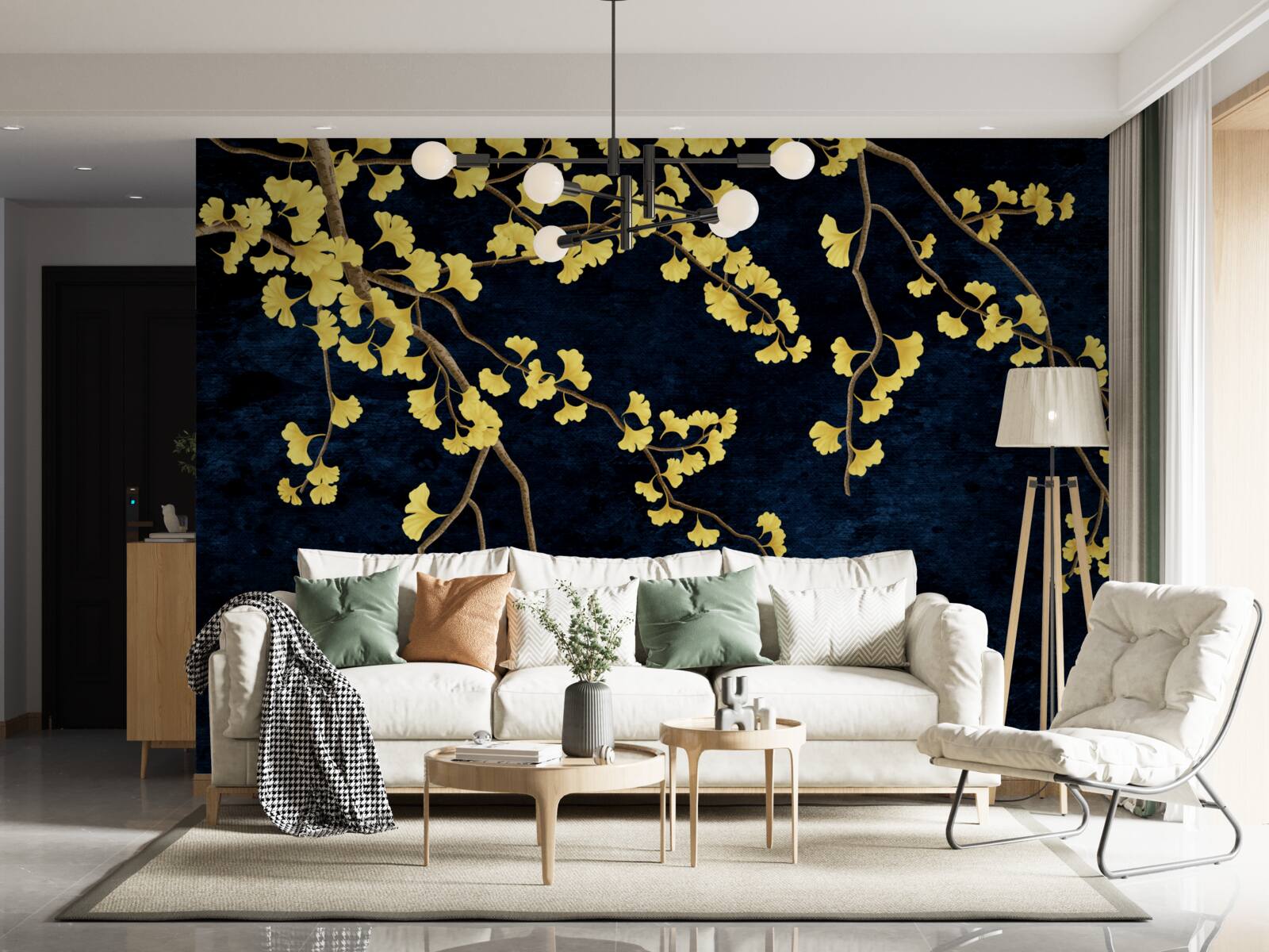 Papier peint branches de feuilles jaunes sur fond de ciel nocturne