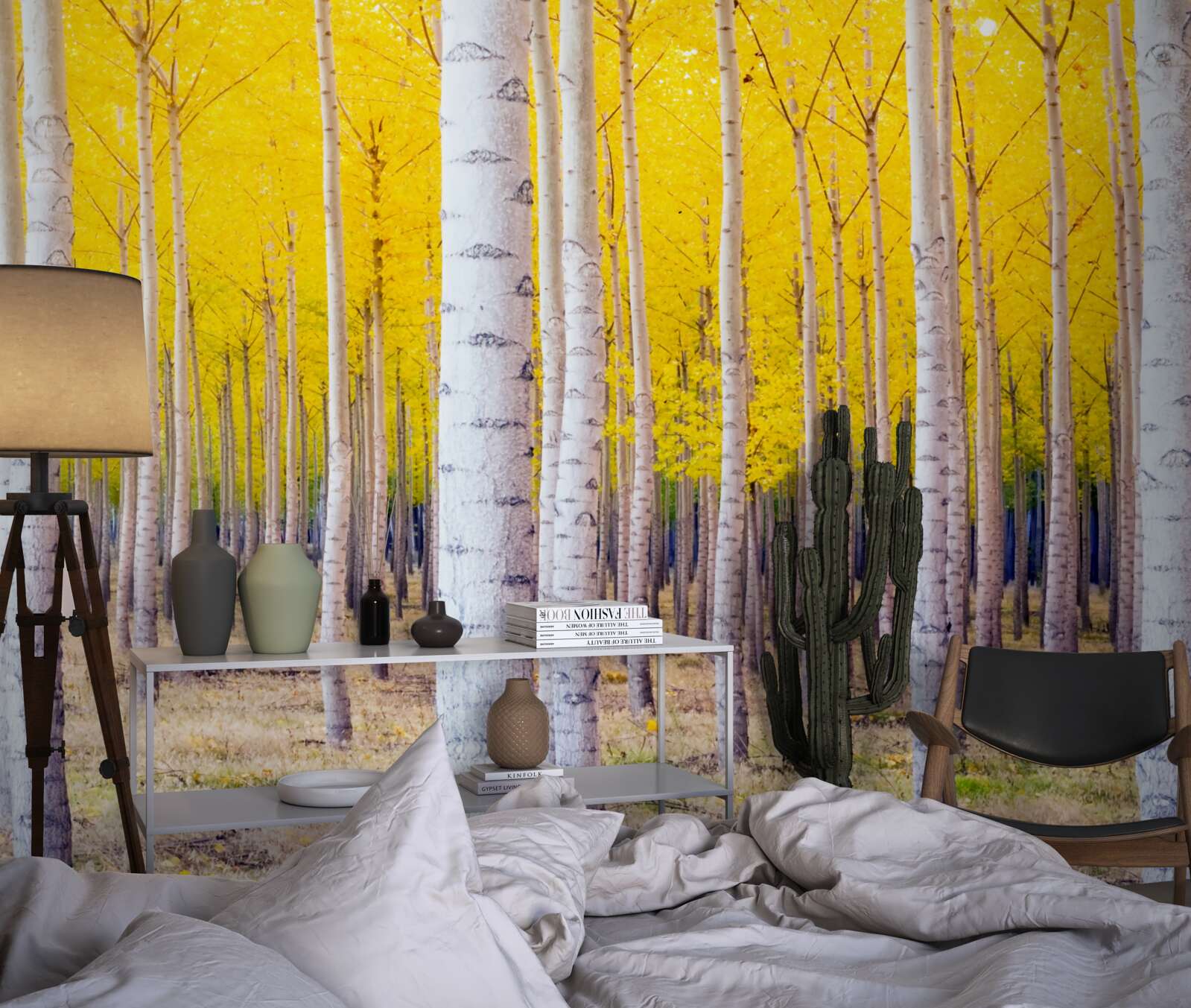 Papier peint les couleurs jaune vif s'illuminent dans la forêt de bouleaux