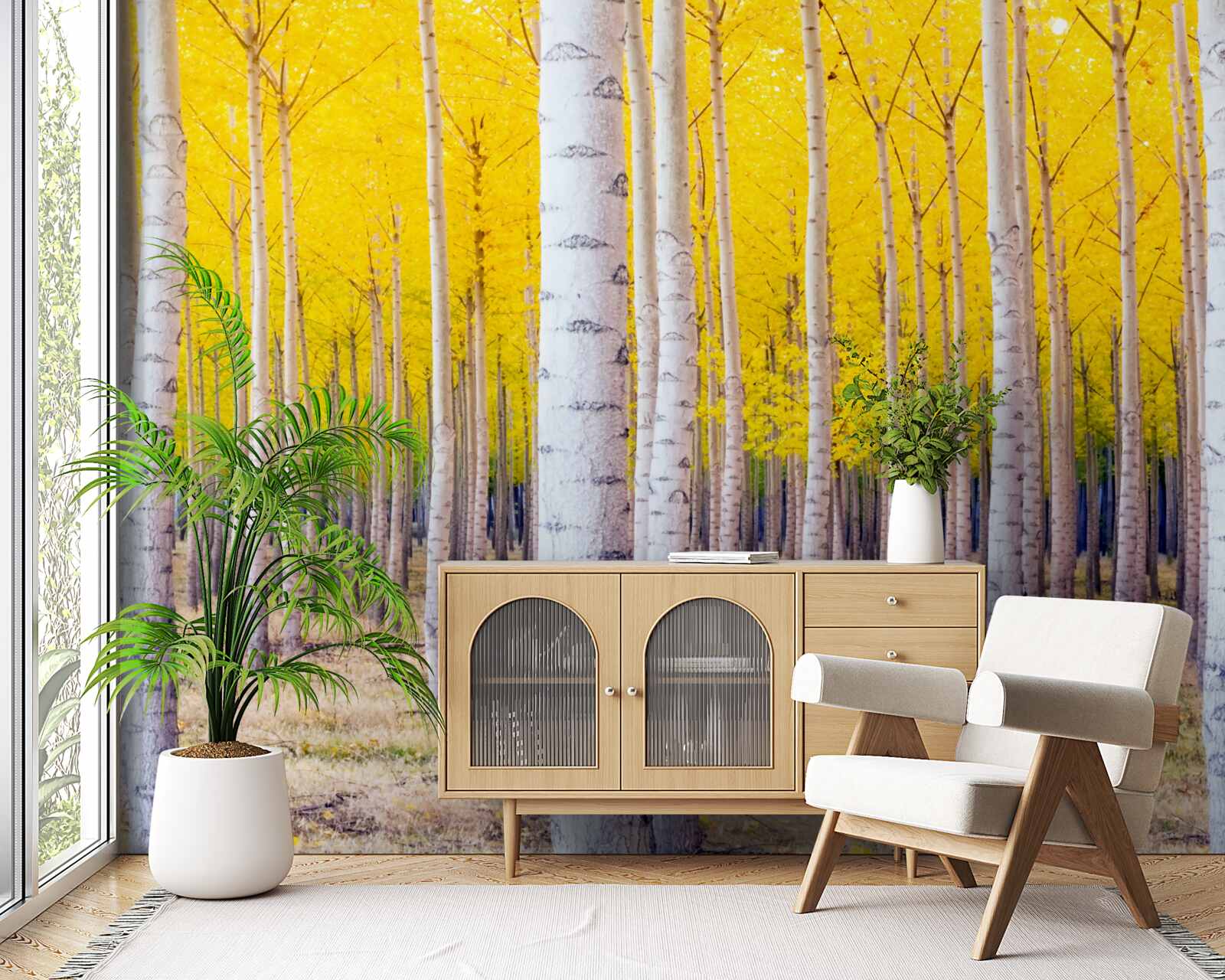 Papier peint les couleurs jaune vif s'illuminent dans la forêt de bouleaux