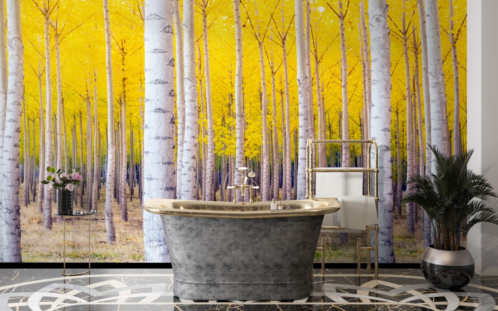 Papier peint les couleurs jaune vif s'illuminent dans la forêt de bouleaux