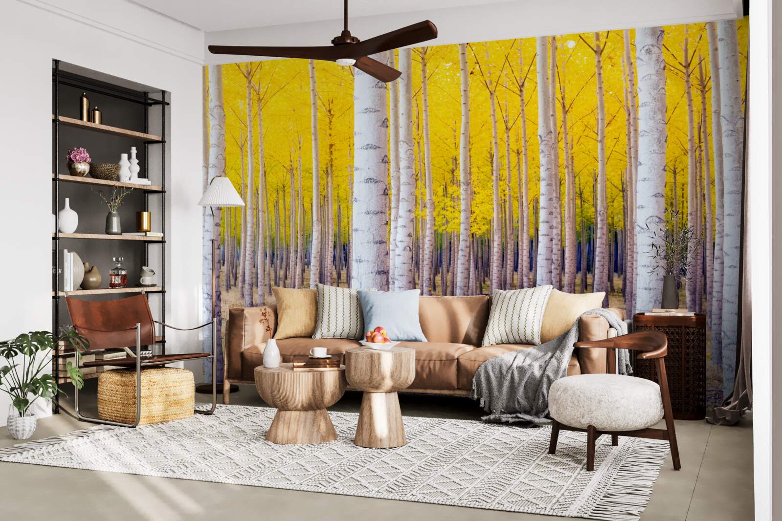 Papier peint les couleurs jaune vif s'illuminent dans la forêt de bouleaux