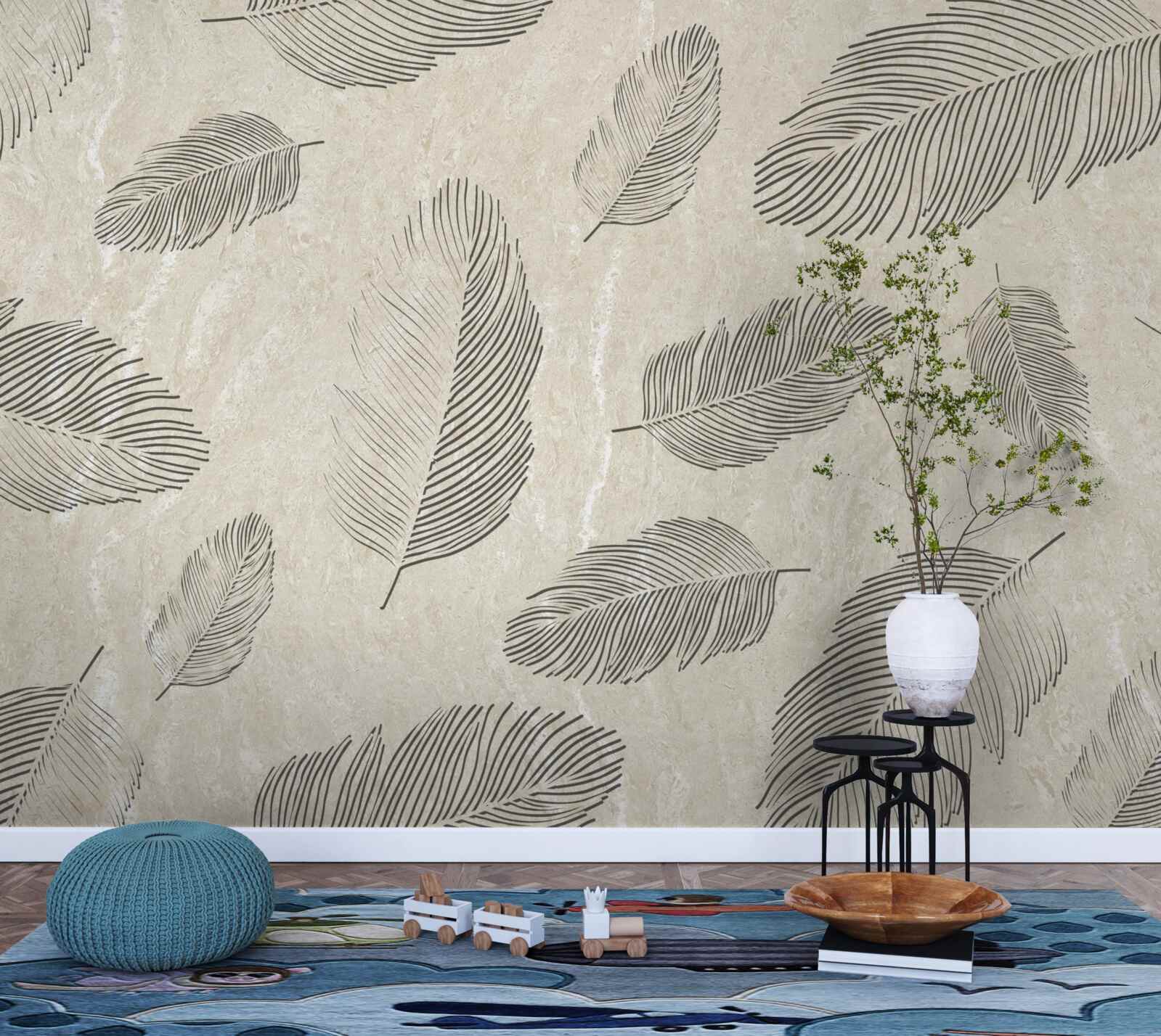 Papier peint fond clair décoré de plumes grises