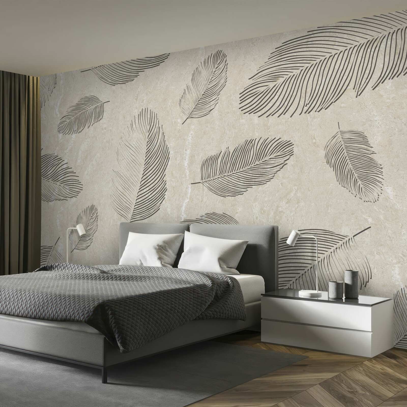 Papier peint fond clair décoré de plumes grises