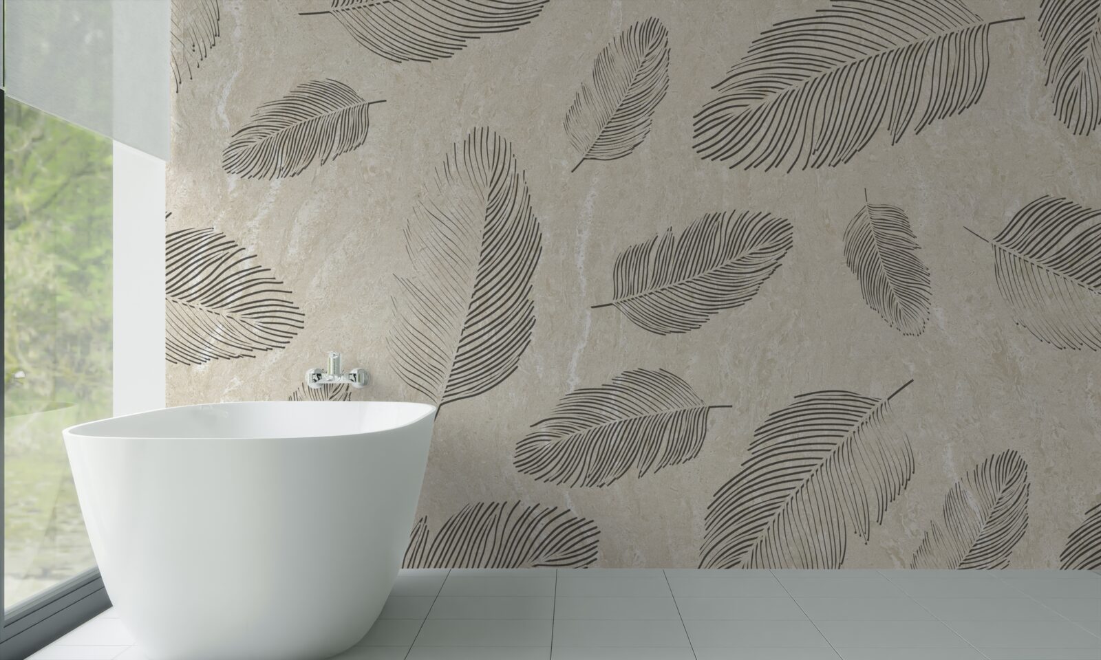 Papier peint fond clair décoré de plumes grises