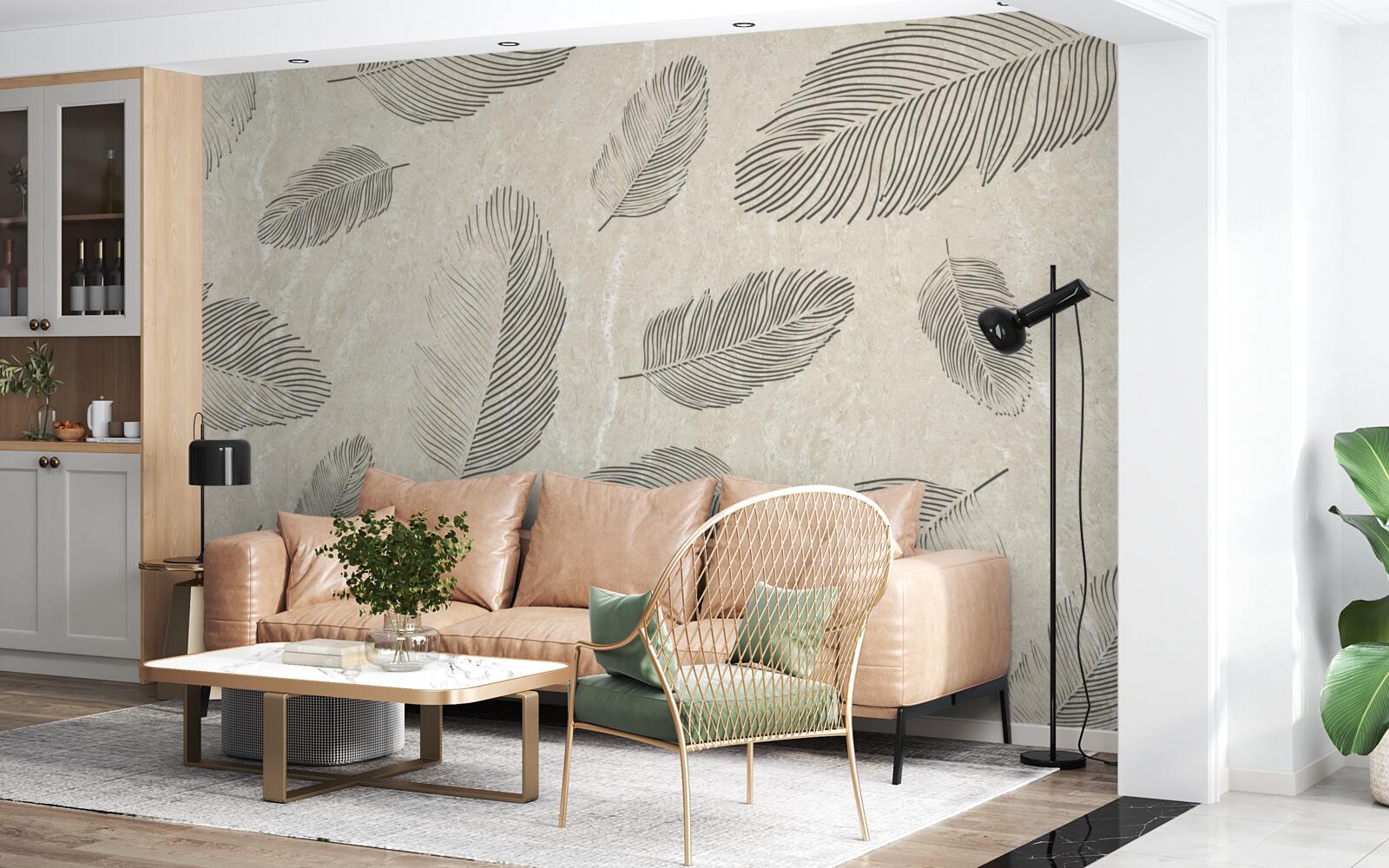 Papier peint fond clair décoré de plumes grises