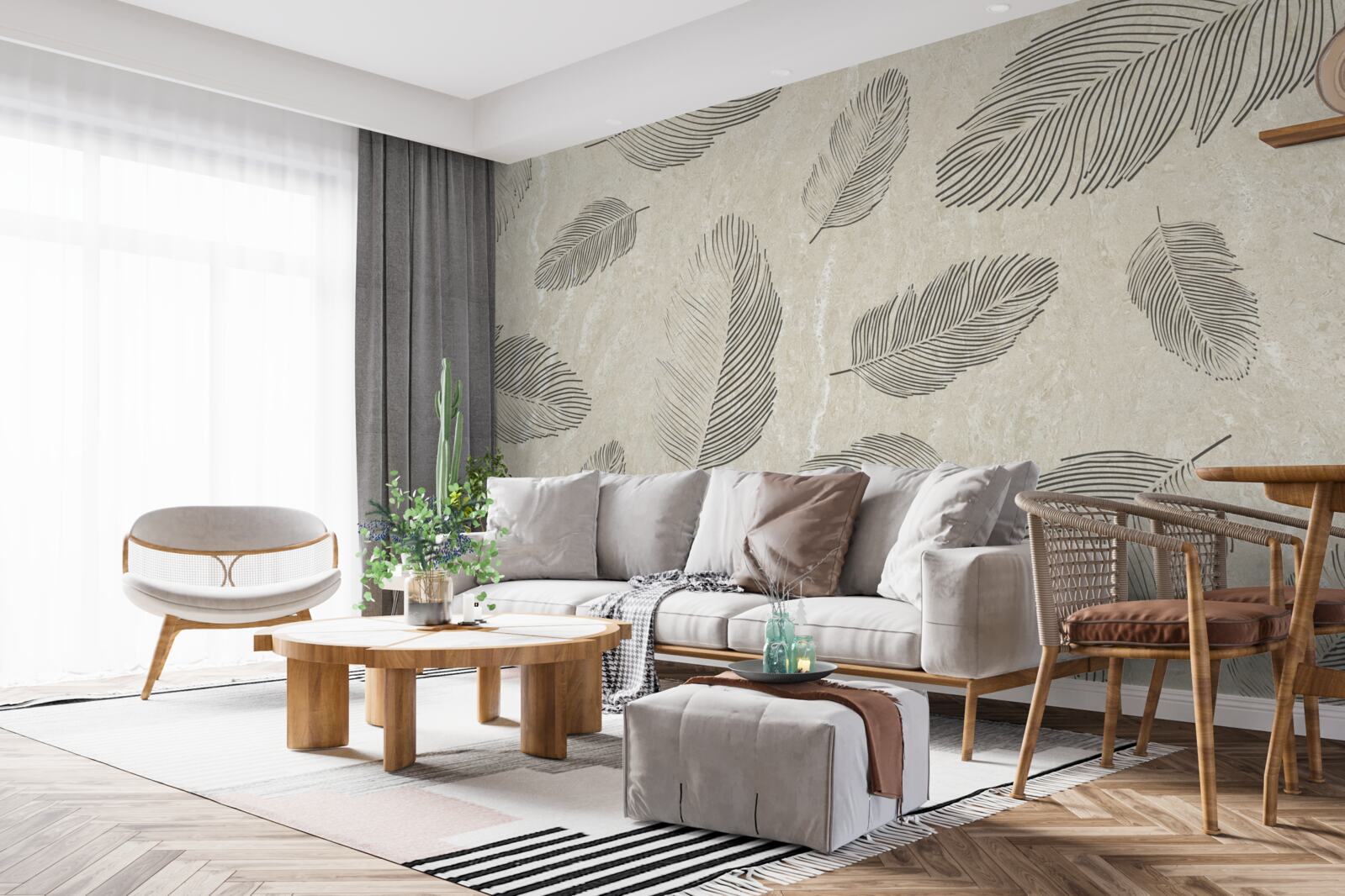 Papier peint fond clair décoré de plumes grises