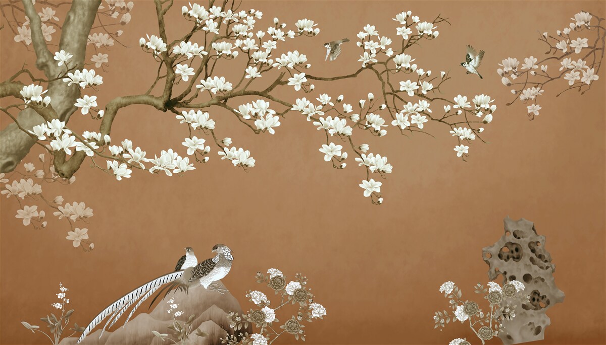 Papier peint fleurs de cerisier et oiseaux en blanc neige