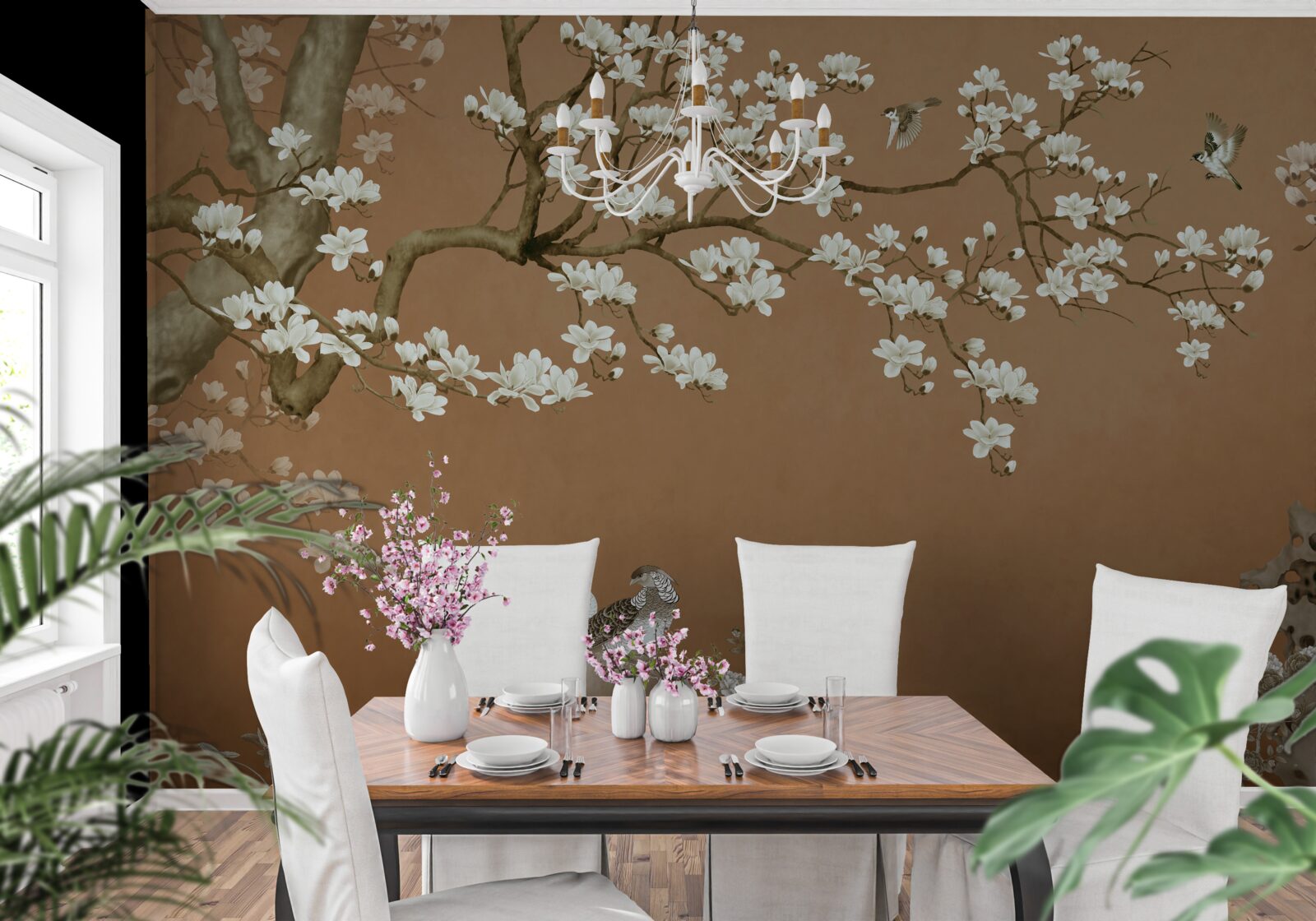 Papier peint fleurs de cerisier et oiseaux en blanc neige