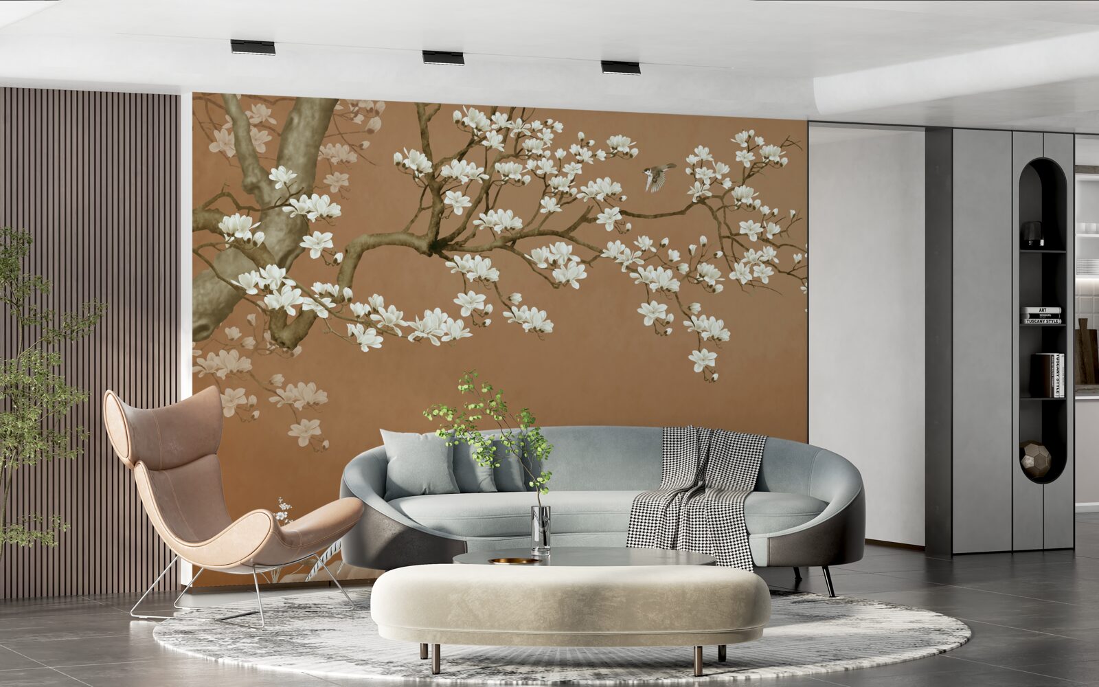 Papier peint fleurs de cerisier et oiseaux en blanc neige