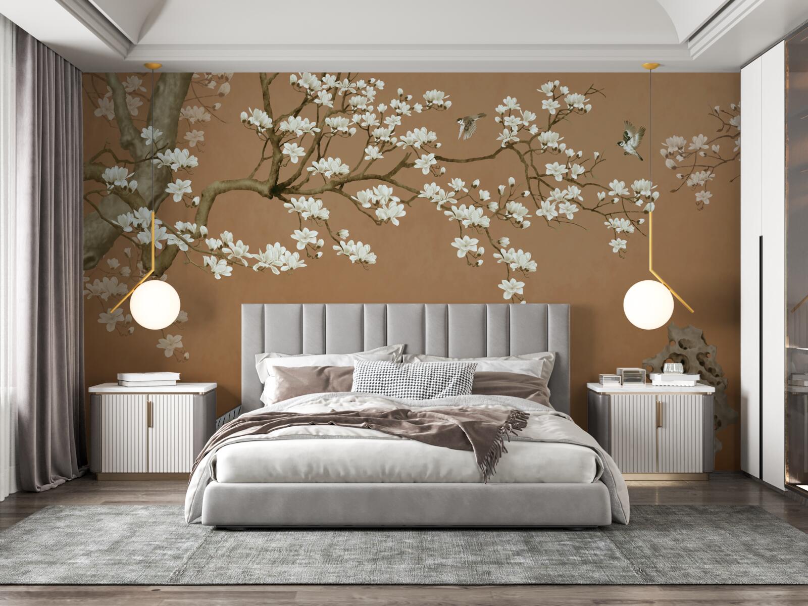 Papier peint fleurs de cerisier et oiseaux en blanc neige