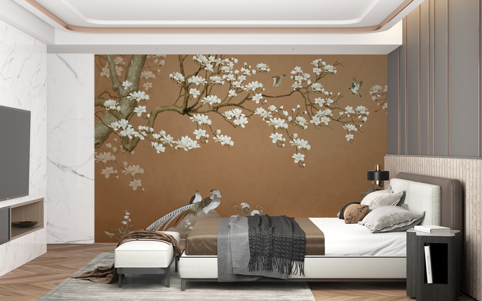 Papier peint fleurs de cerisier et oiseaux en blanc neige