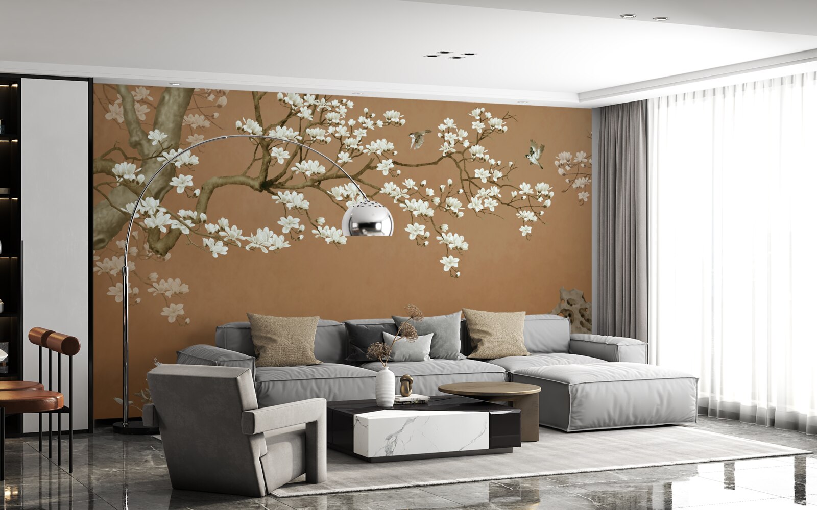 Papier peint fleurs de cerisier et oiseaux en blanc neige