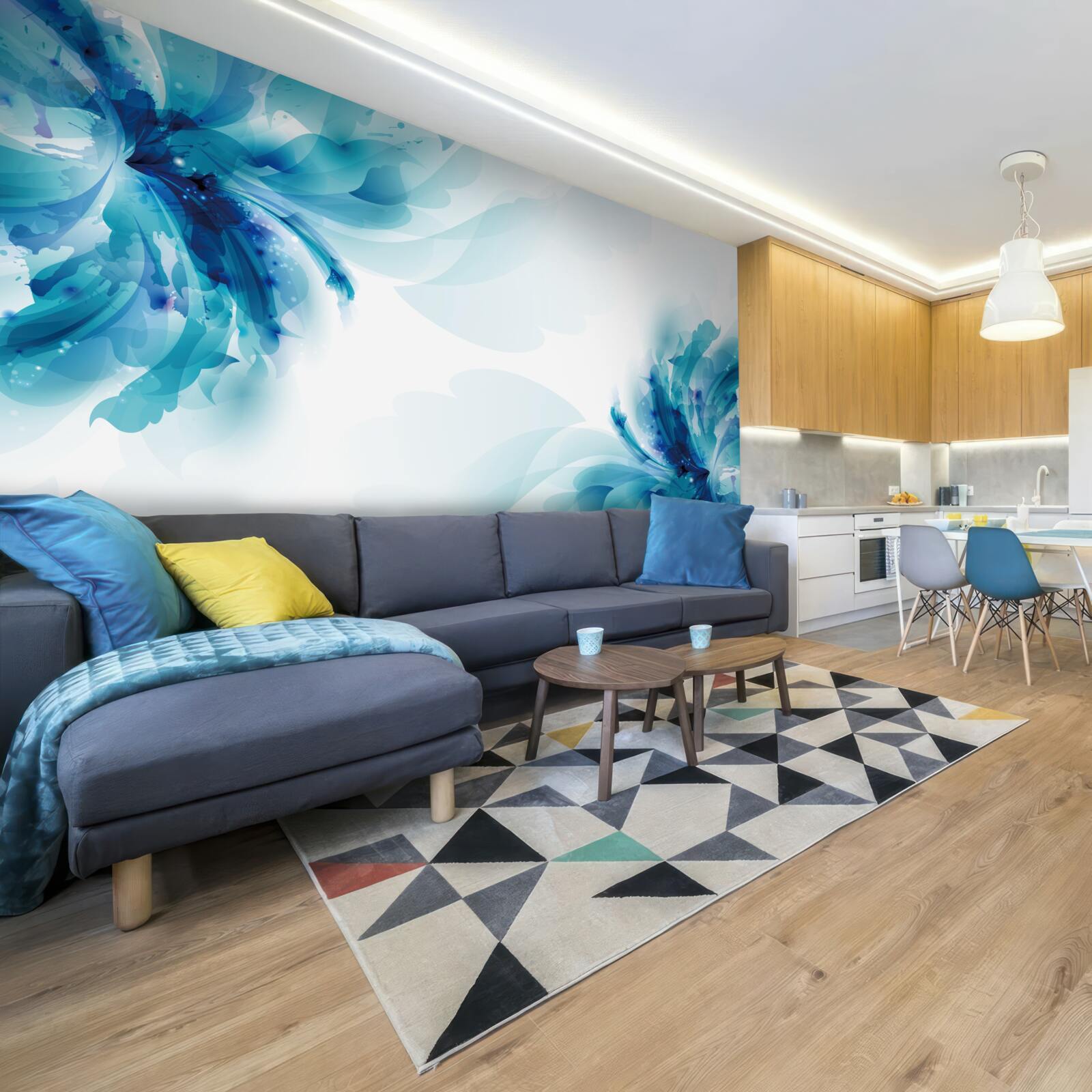 Papier peint deux grands bourgeons bleus dessinés