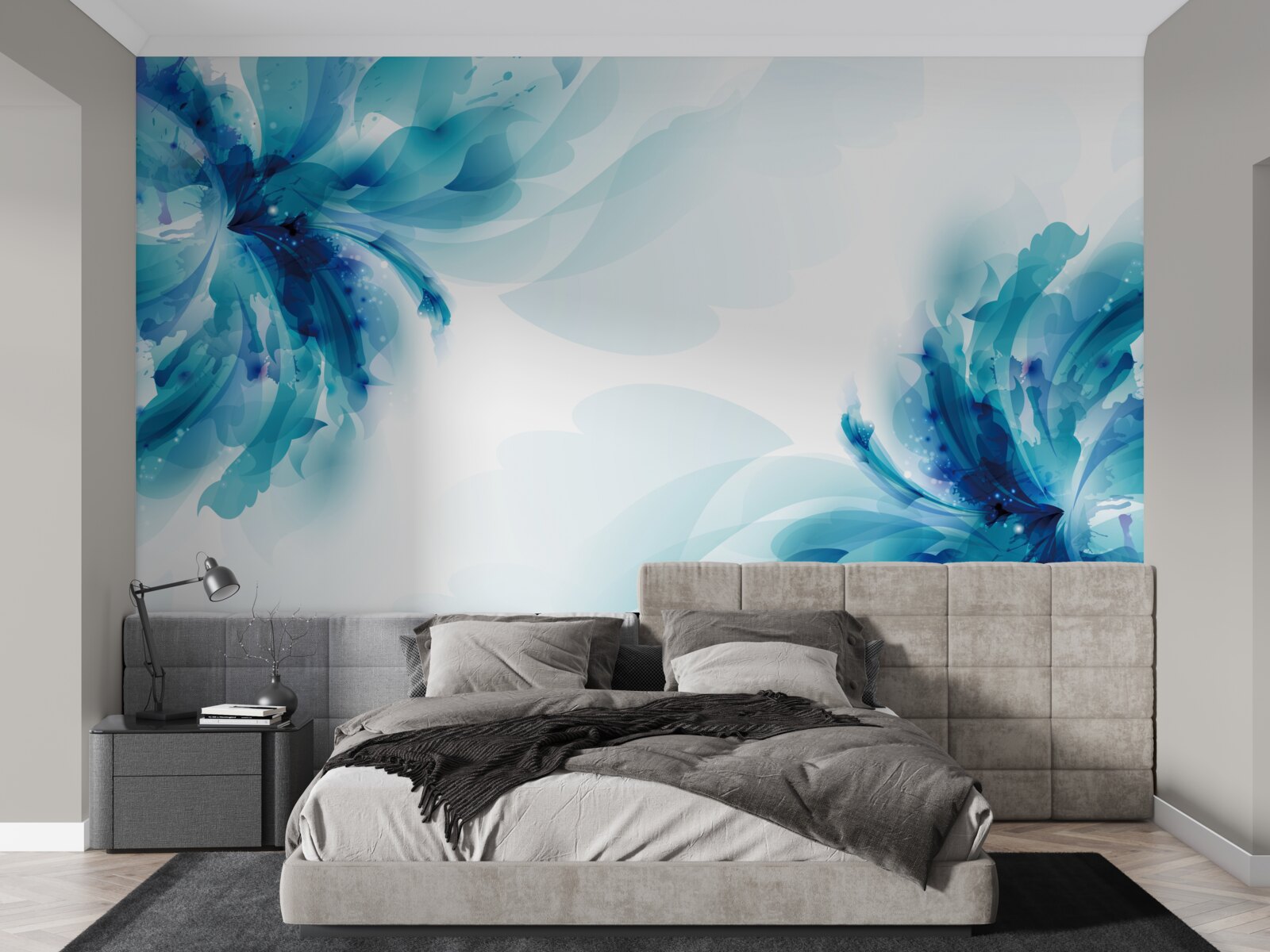 Papier peint deux grands bourgeons bleus dessinés