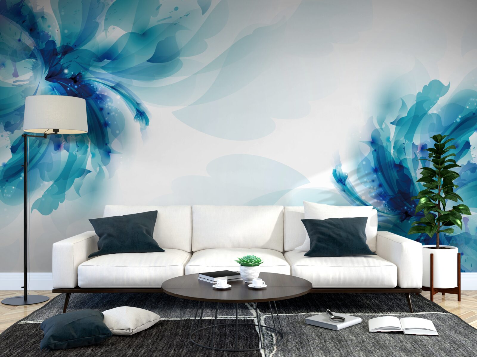 Papier peint deux grands bourgeons bleus dessinés