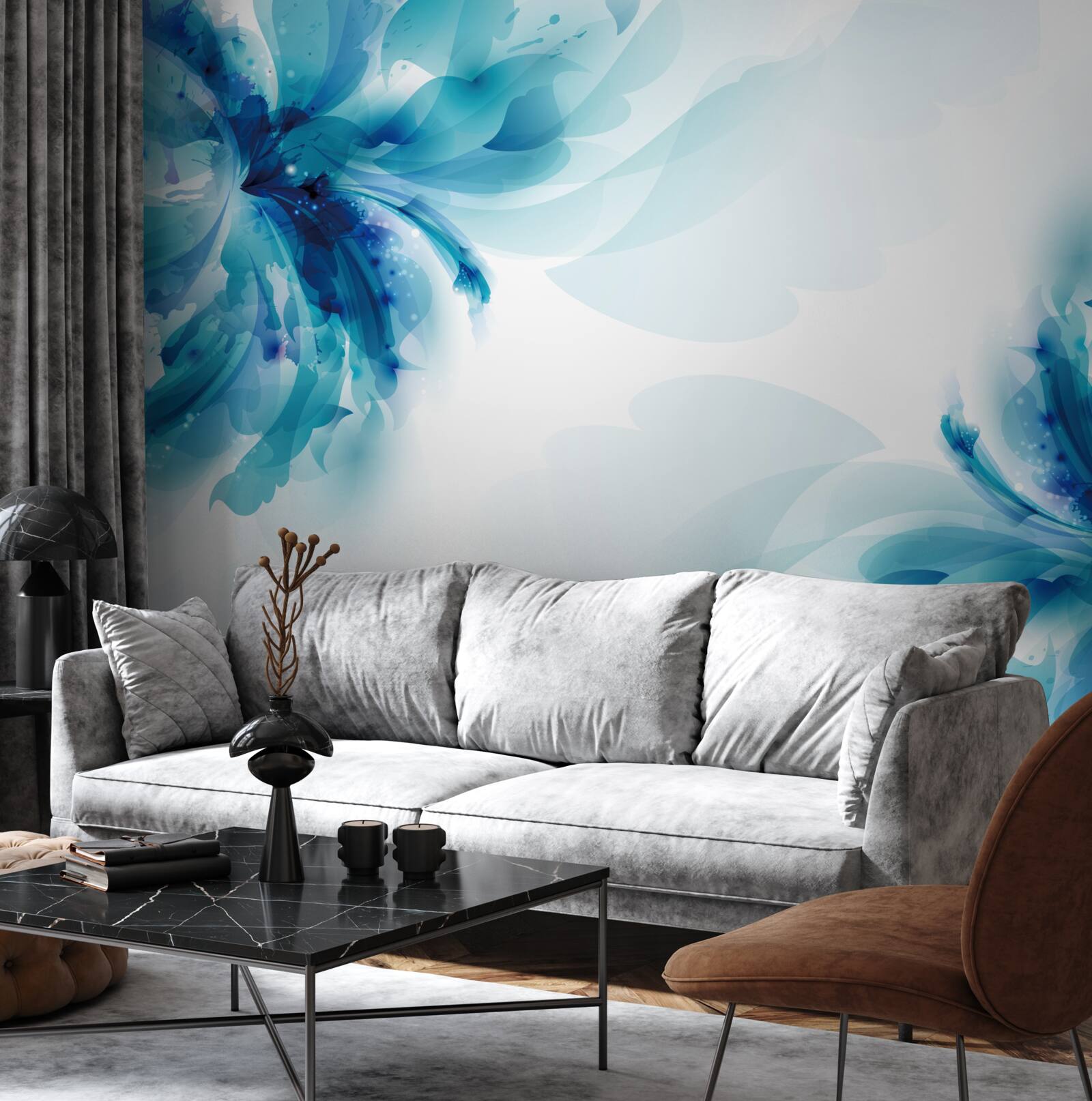 Papier peint deux grands bourgeons bleus dessinés