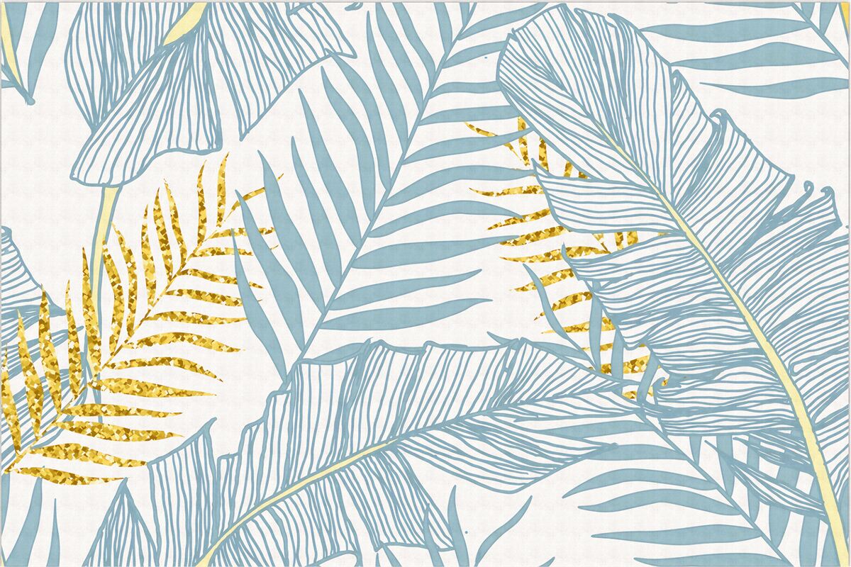 Papier peint plumes dans les tons bleu et or