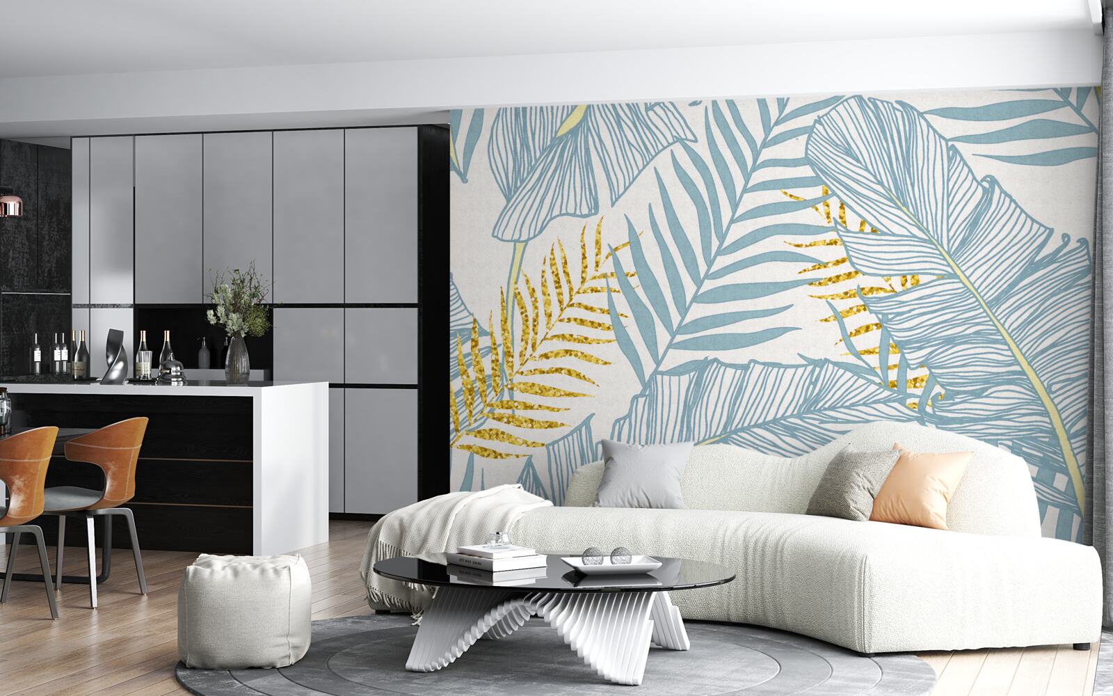 Papier peint plumes dans les tons bleu et or