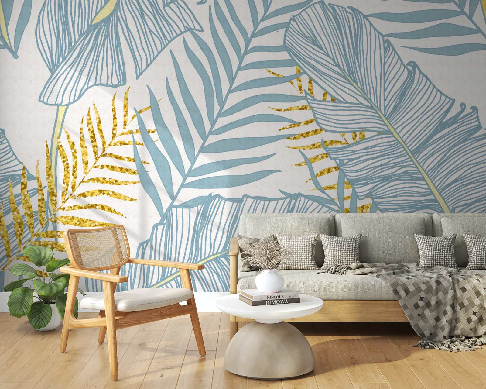 Papier peint plumes dans les tons bleu et or