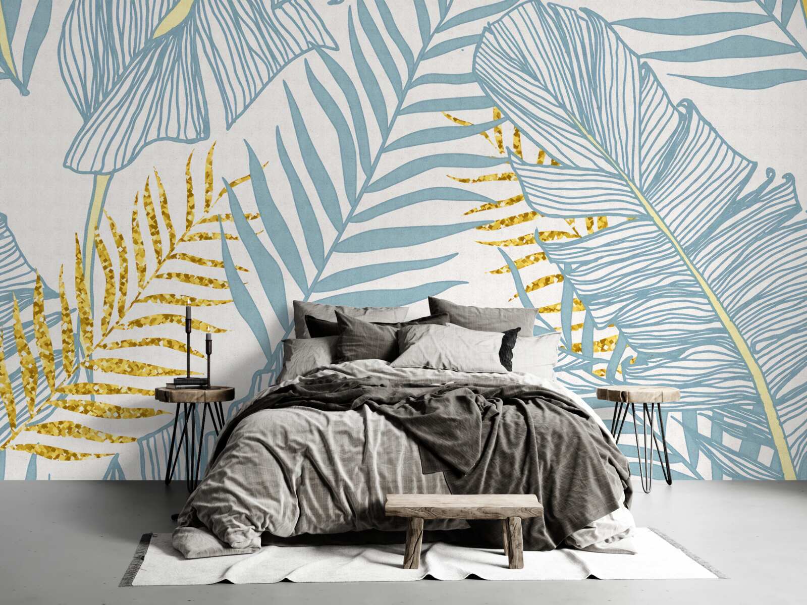 Papier peint plumes dans les tons bleu et or