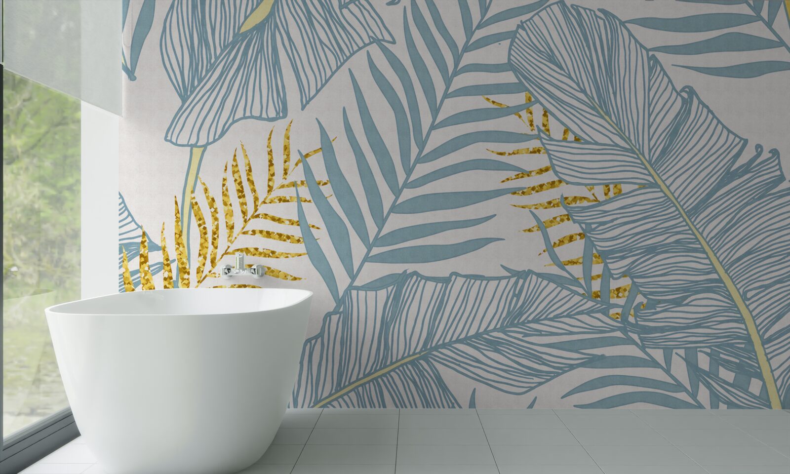 Papier peint plumes dans les tons bleu et or