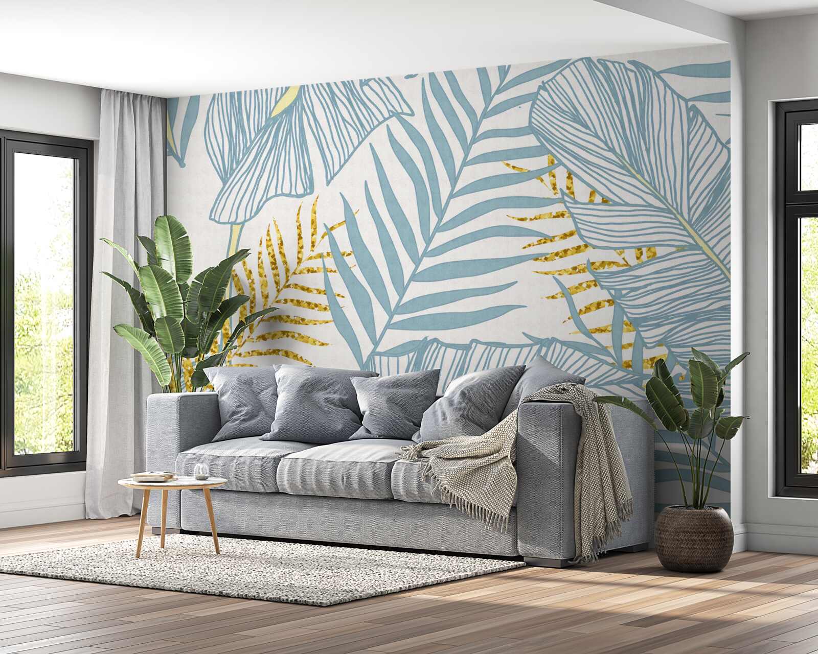 Papier peint plumes dans les tons bleu et or