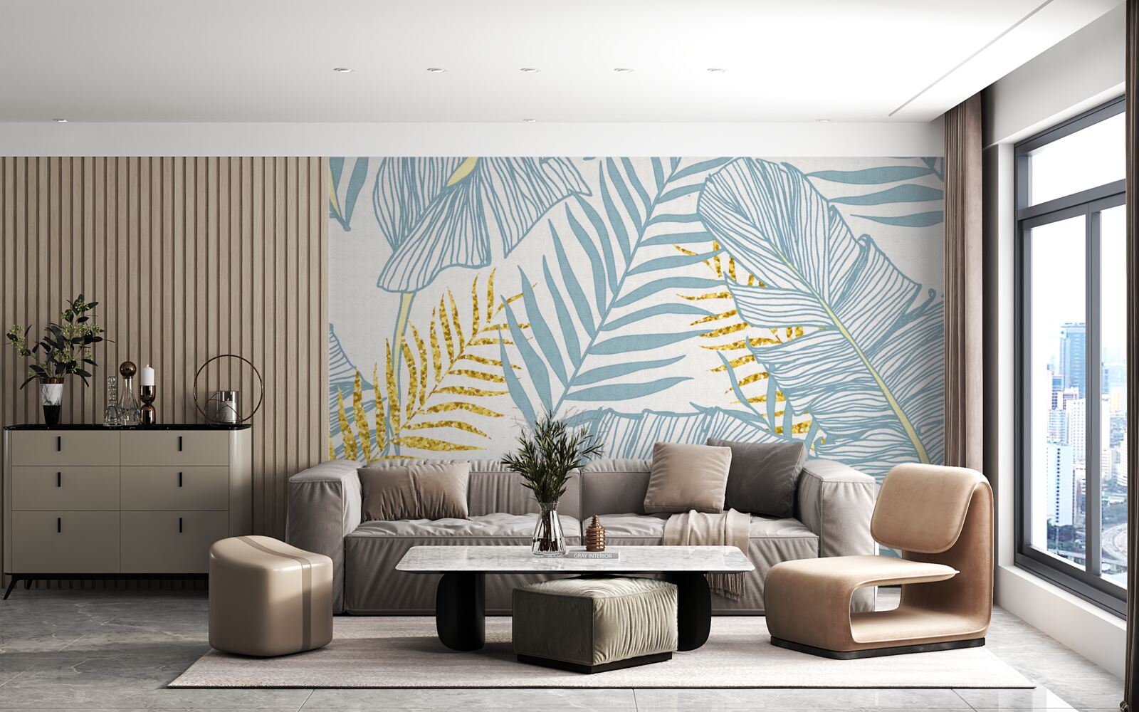 Papier peint plumes dans les tons bleu et or