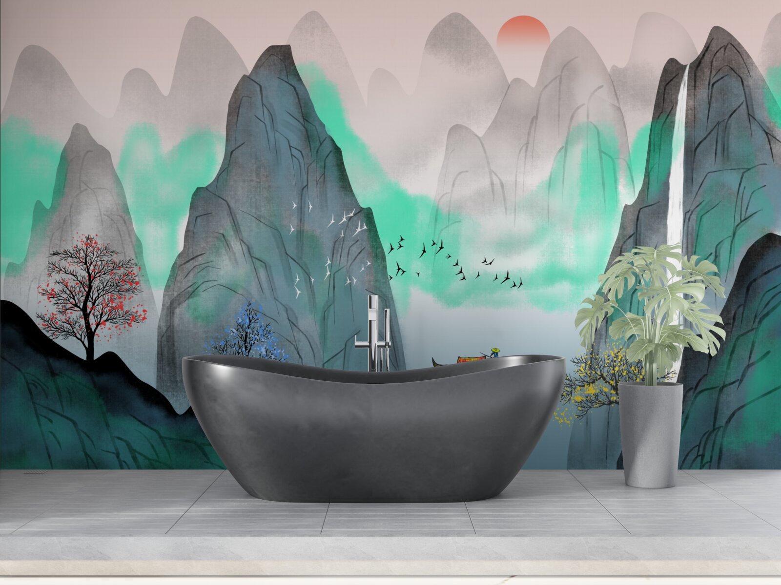 Papier peint coucher de soleil dans les montagnes abstraites