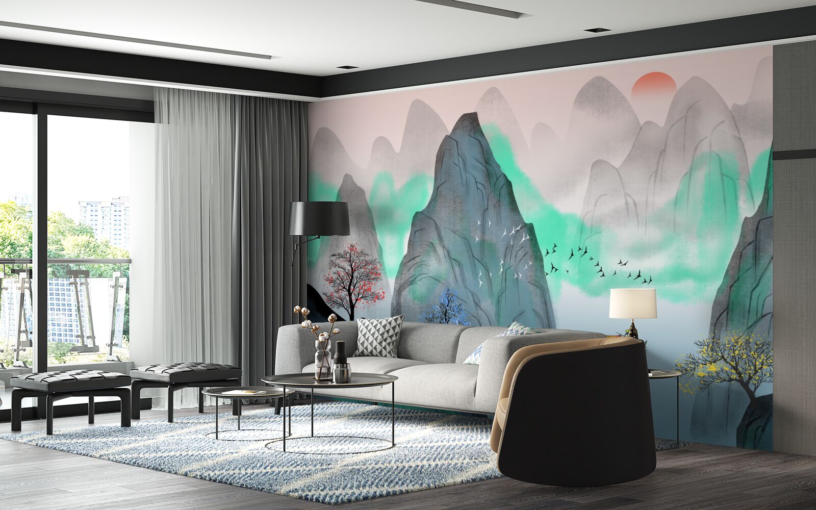 Papier peint coucher de soleil dans les montagnes abstraites