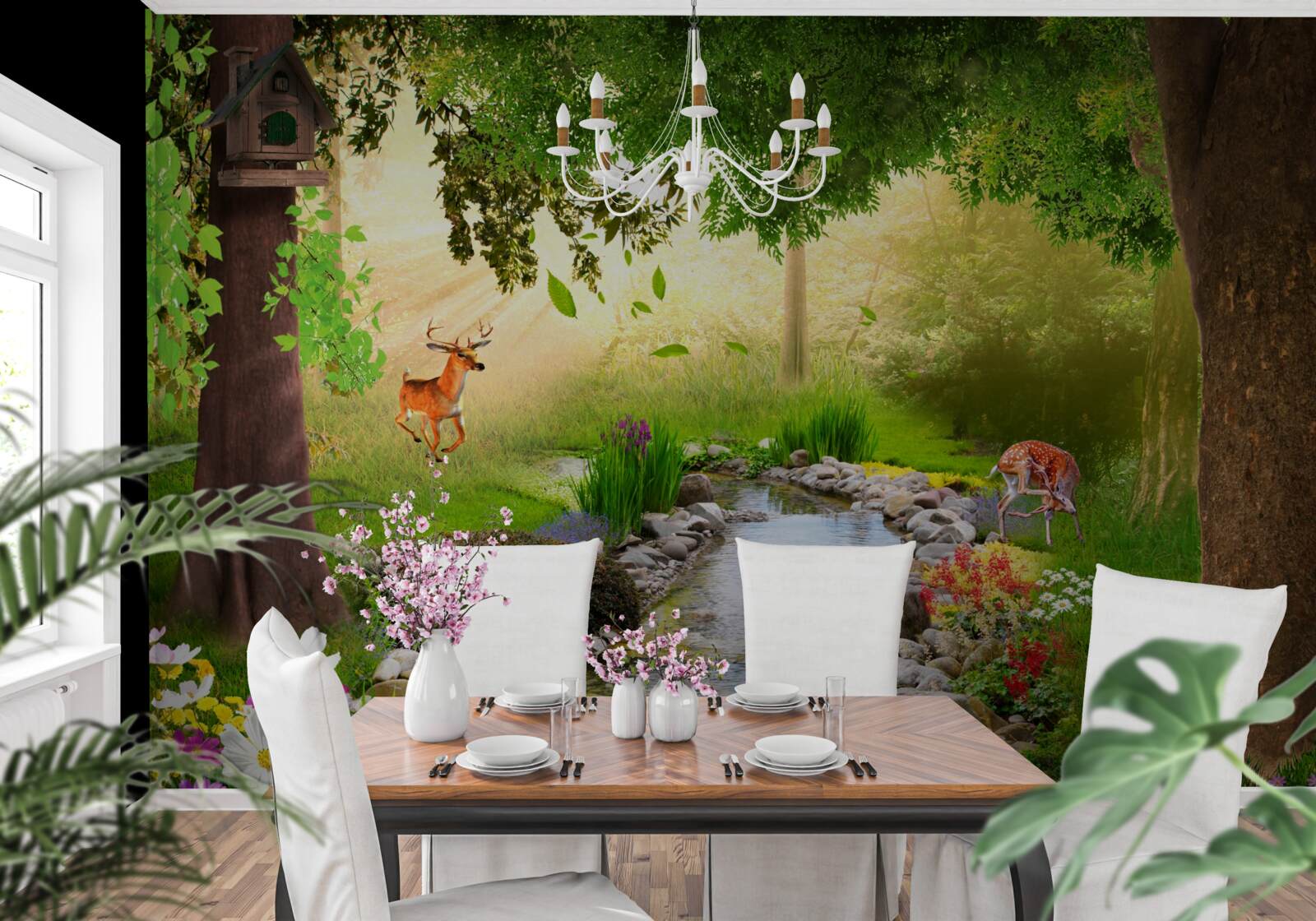 Papier peint stand de cerfs près de la rivière forestière