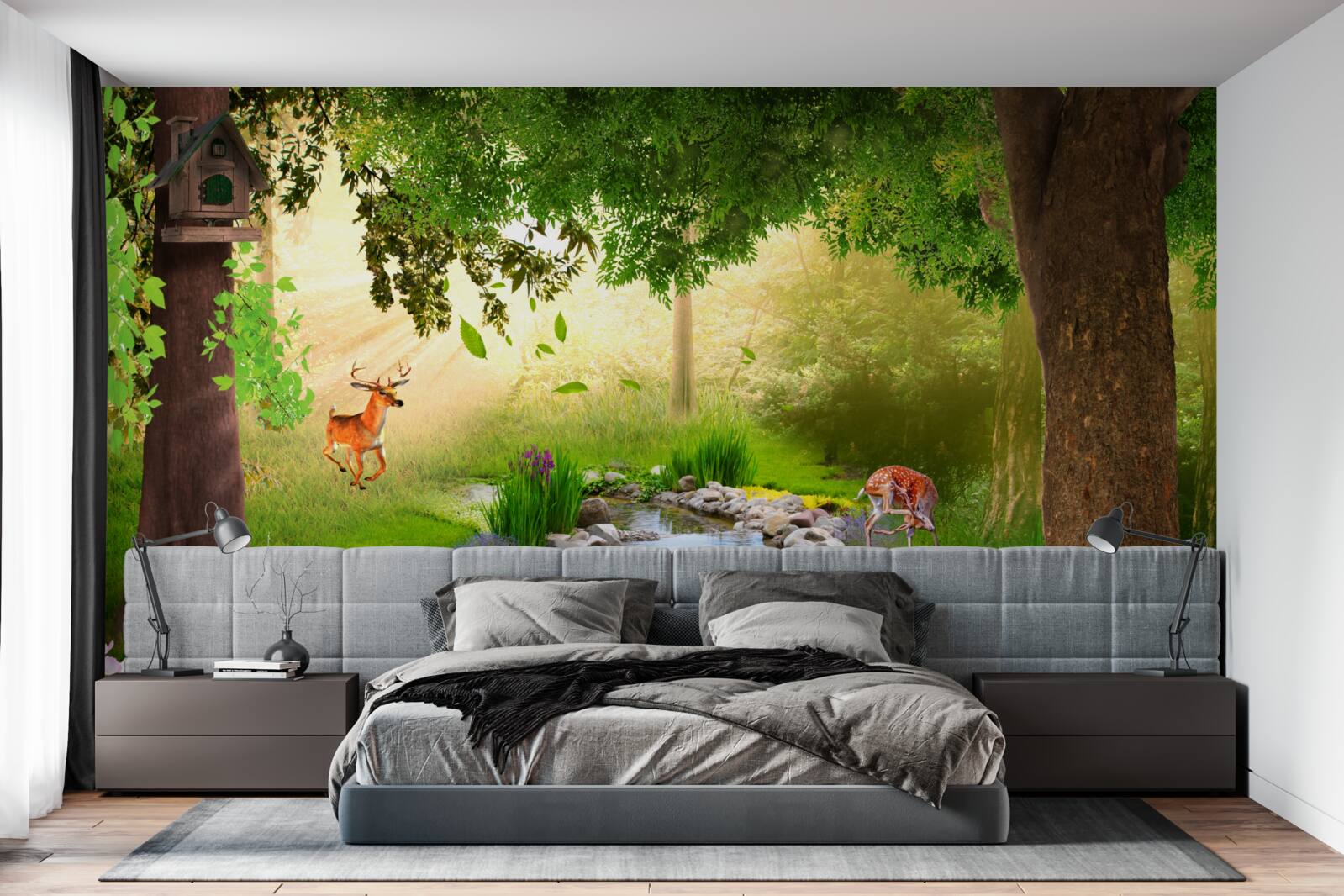 Papier peint stand de cerfs près de la rivière forestière