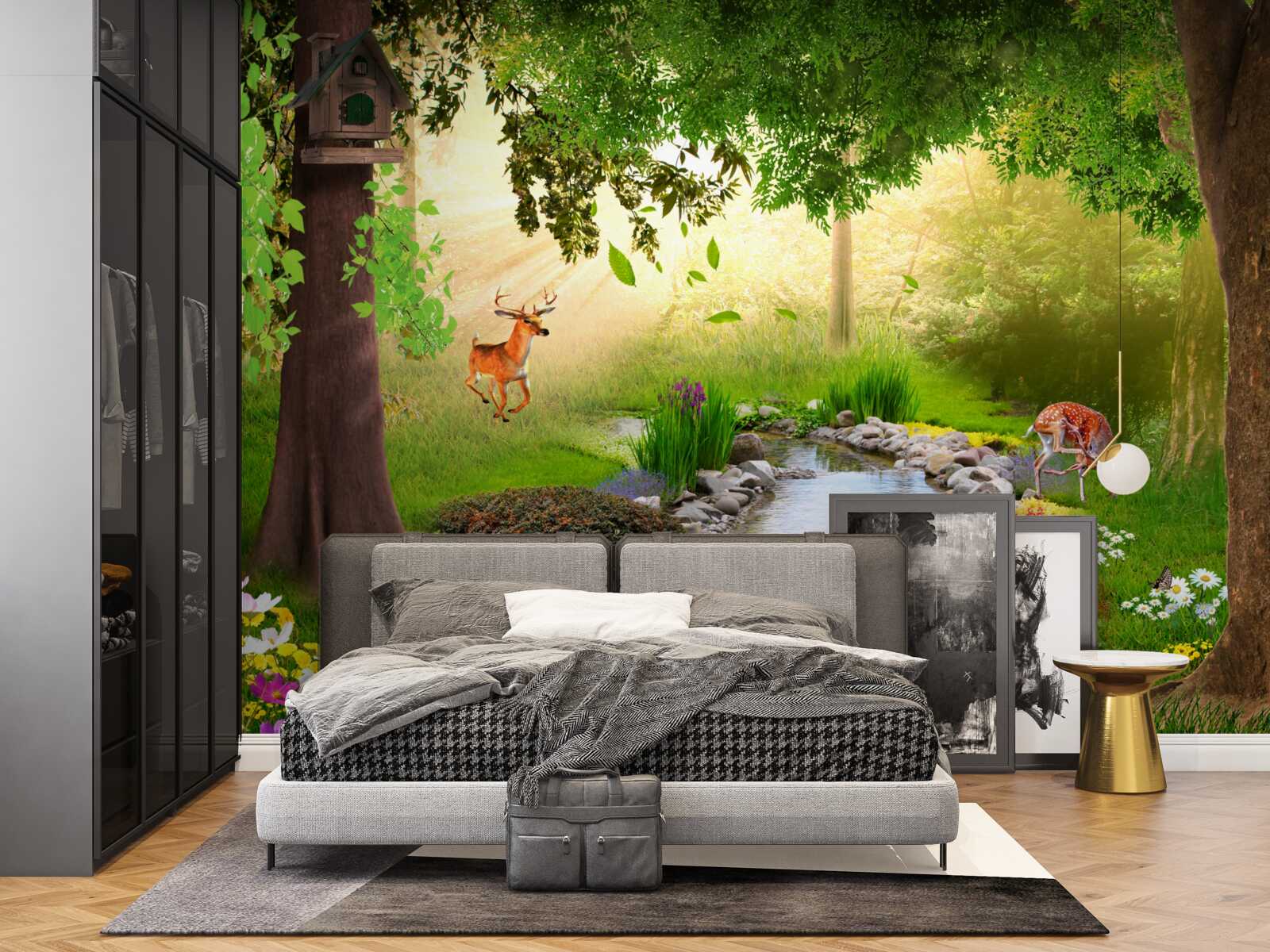 Papier peint stand de cerfs près de la rivière forestière