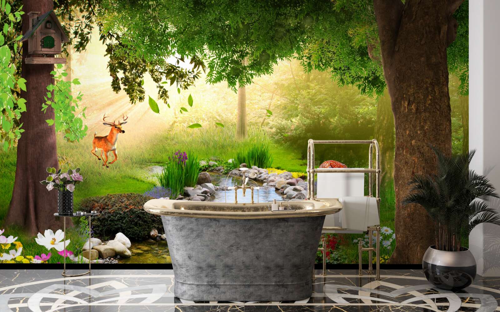 Papier peint stand de cerfs près de la rivière forestière