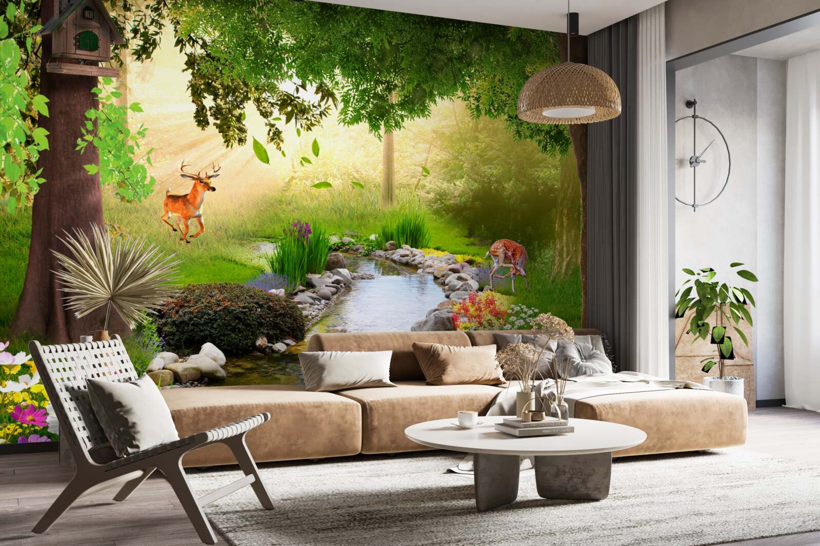 Papier peint stand de cerfs près de la rivière forestière