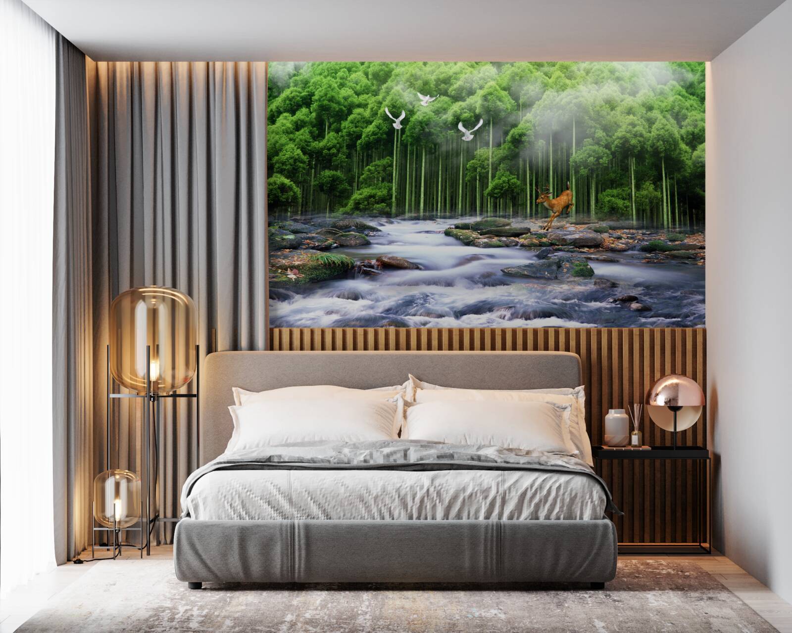 Papier peint nature forestière et chutes d'eau en cascade