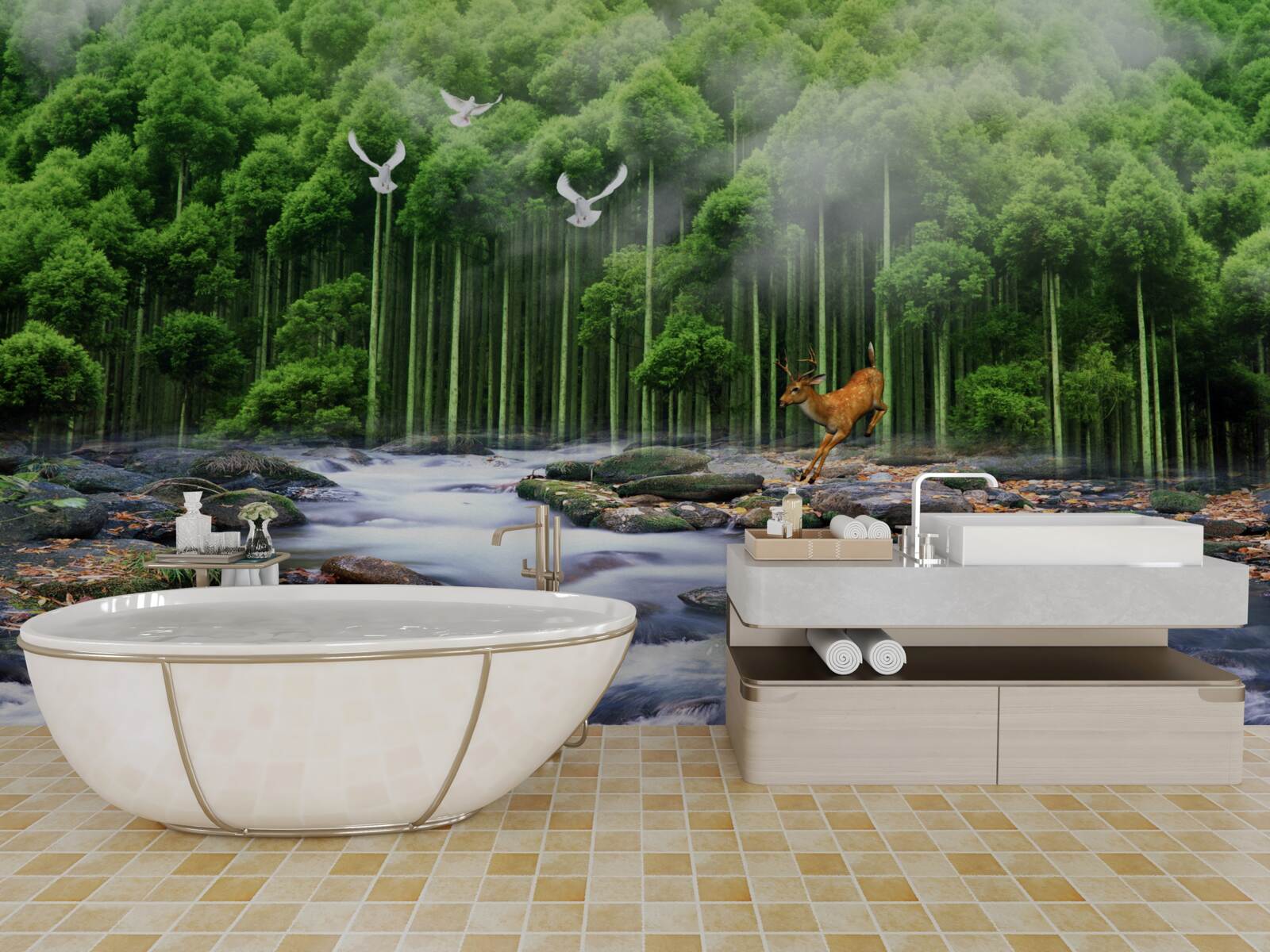 Papier peint nature forestière et chutes d'eau en cascade