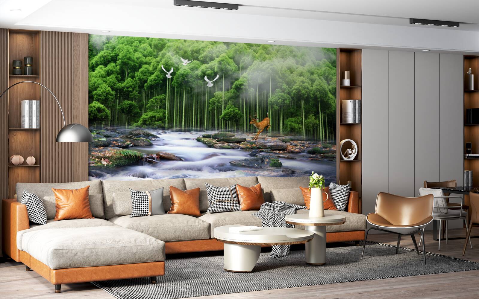 Papier peint nature forestière et chutes d'eau en cascade