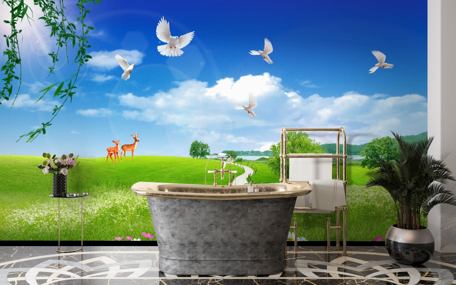 Papier peint deux cerfs dans les espaces verts