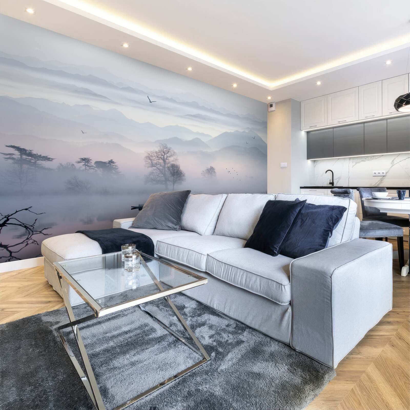 Papier peint brume matinale sur l'eau du lac