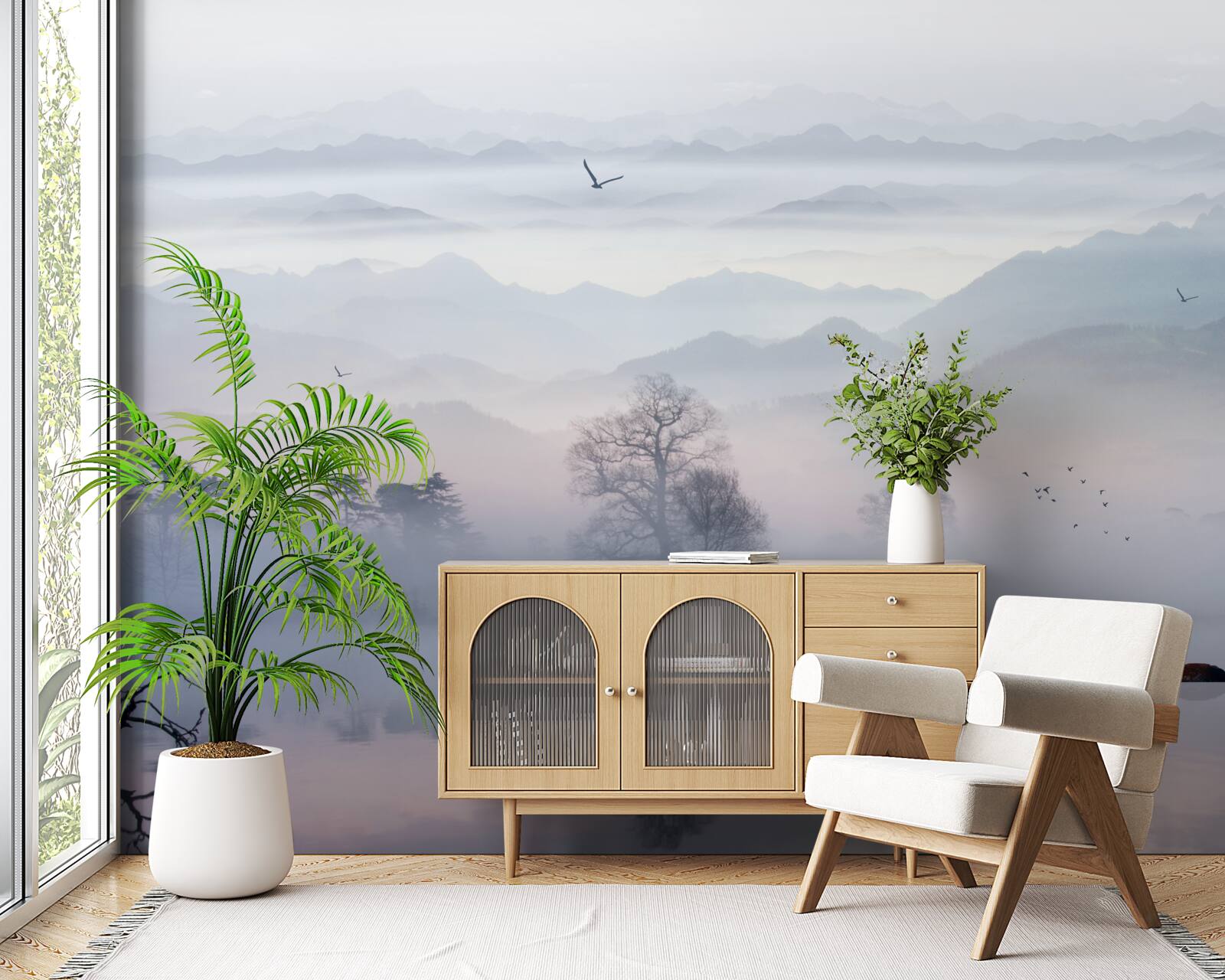 Papier peint brume matinale sur l'eau du lac