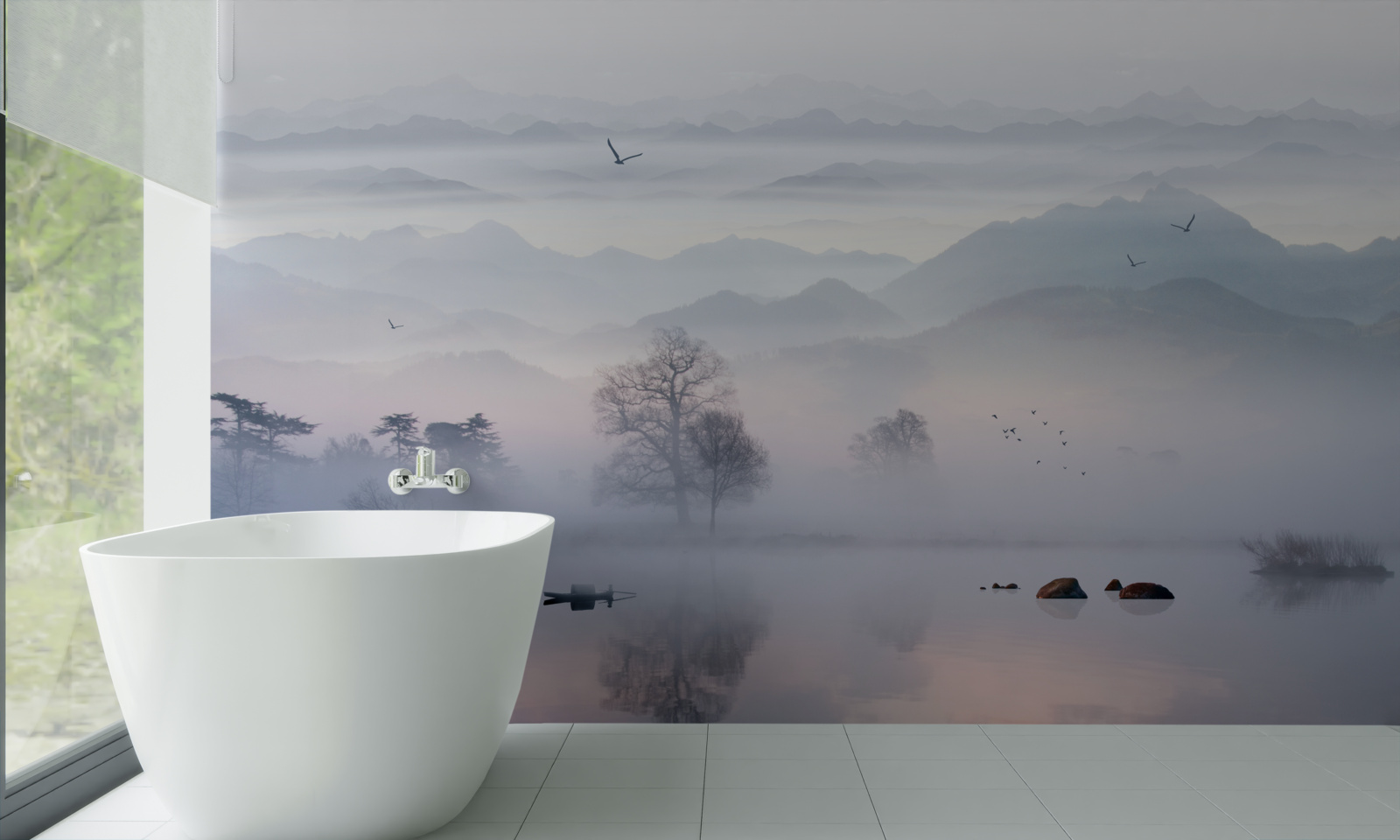 Papier peint brume matinale sur l'eau du lac