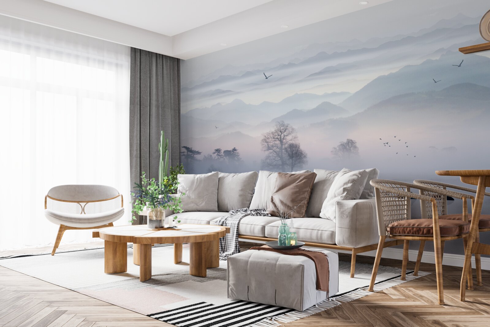 Papier peint brume matinale sur l'eau du lac