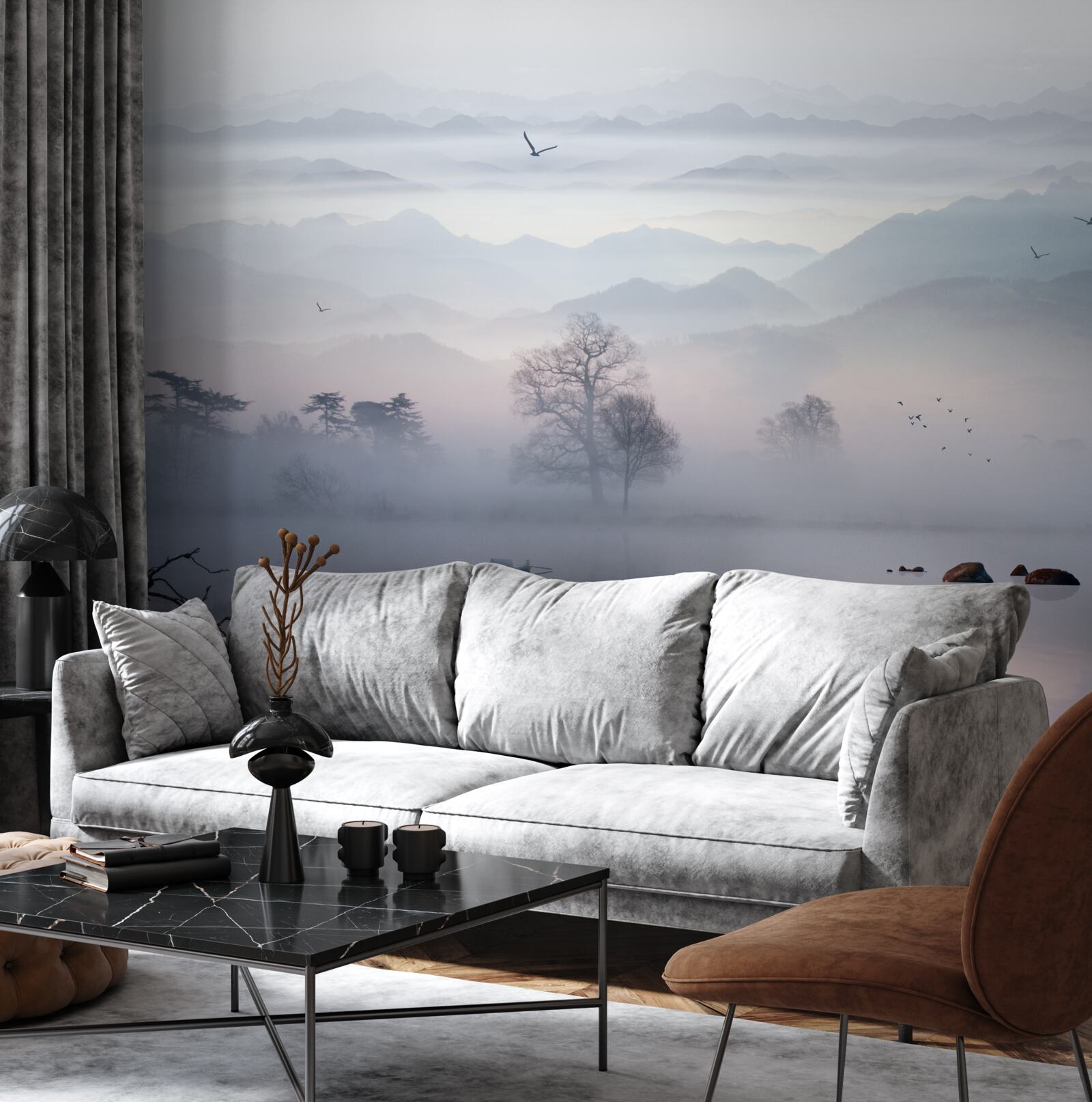 Papier peint brume matinale sur l'eau du lac