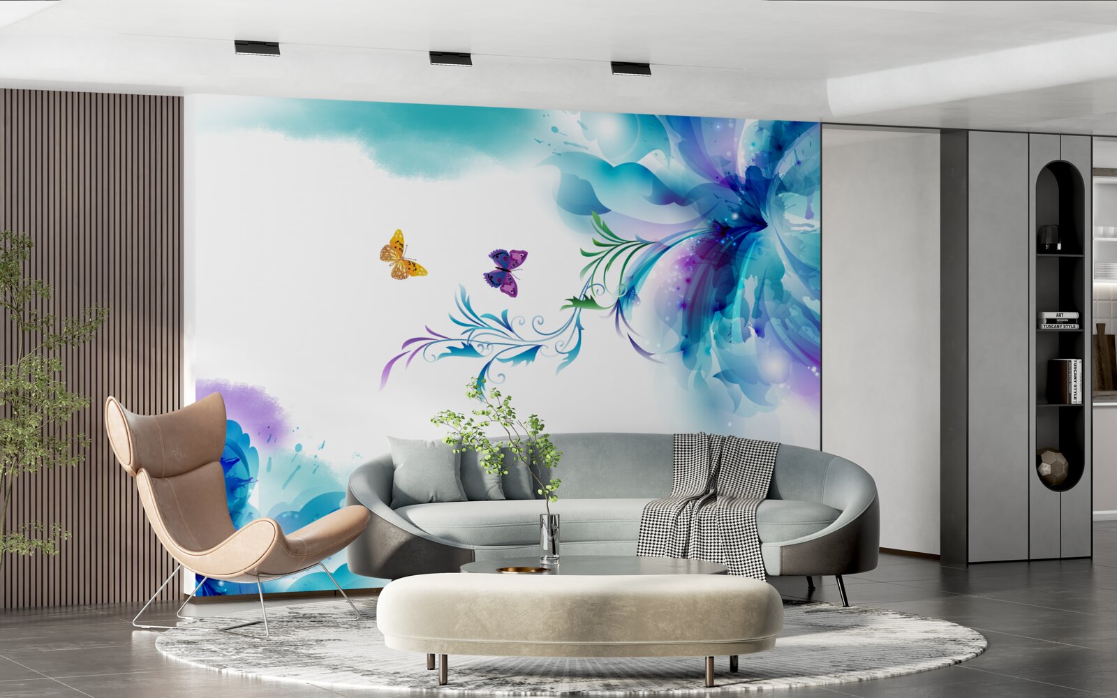 Papier peint papillons sur fond de fleurs