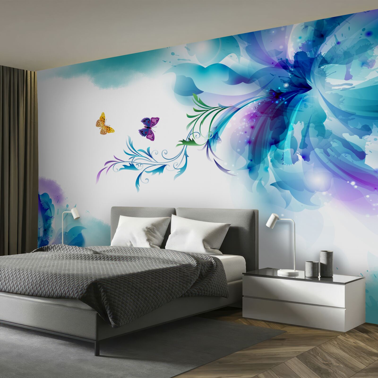 Papier peint papillons sur fond de fleurs