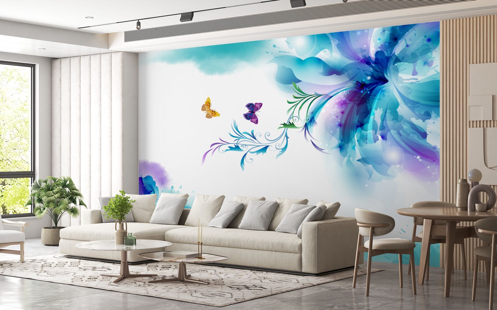 Papier peint papillons sur fond de fleurs