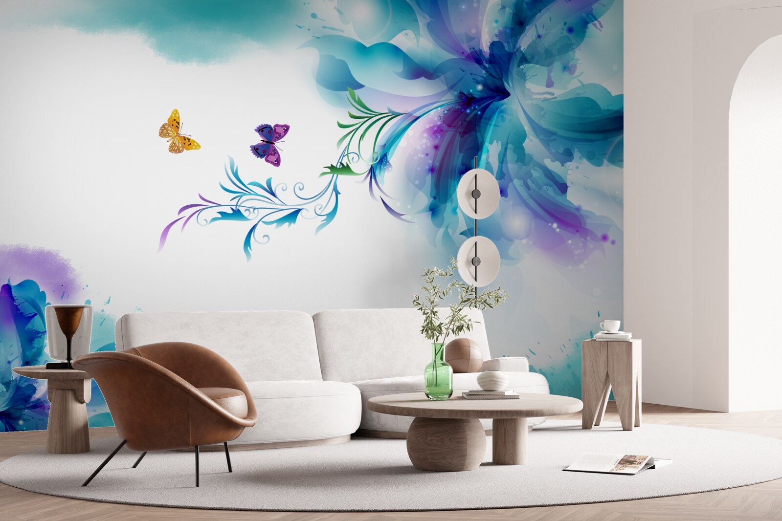 Papier peint papillons sur fond de fleurs